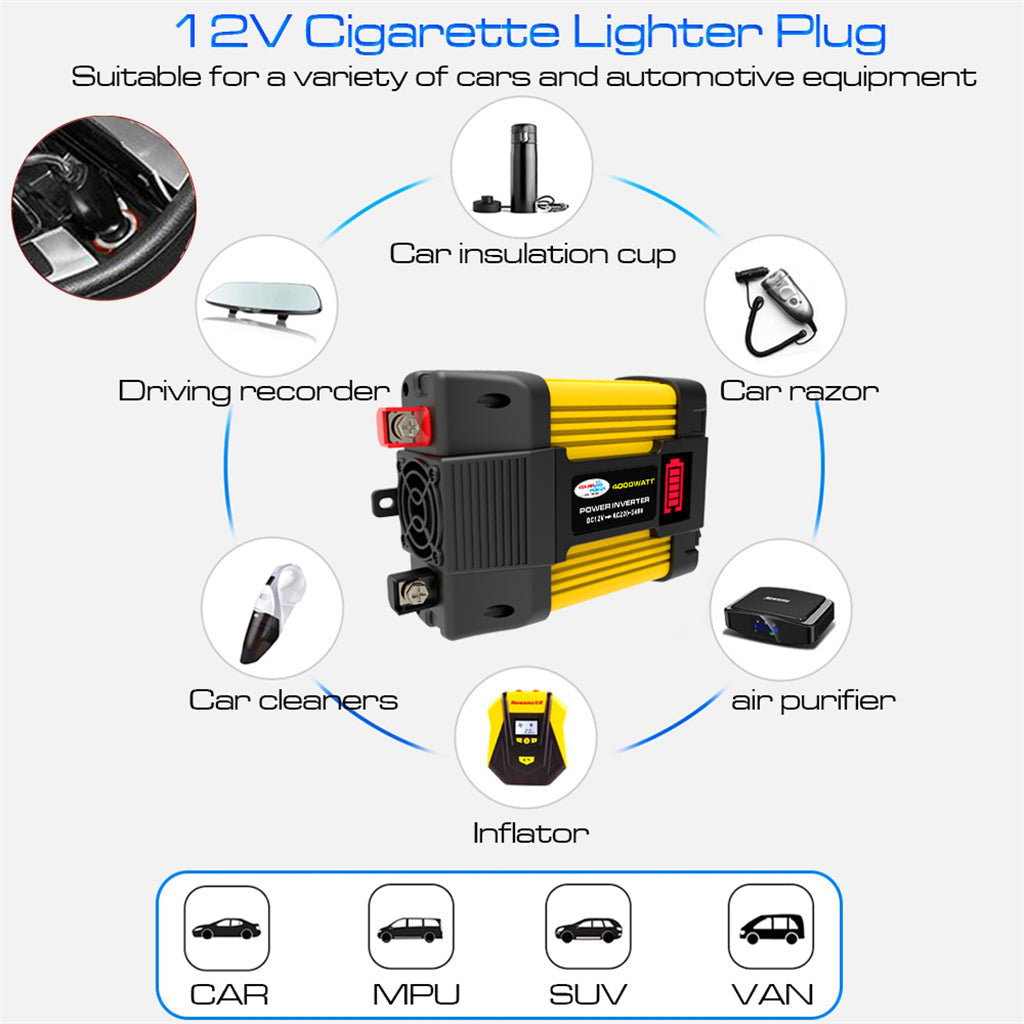 4000W Sine Wave Car Power Inverter w LED Display DC 12V To AC 220V Inverter