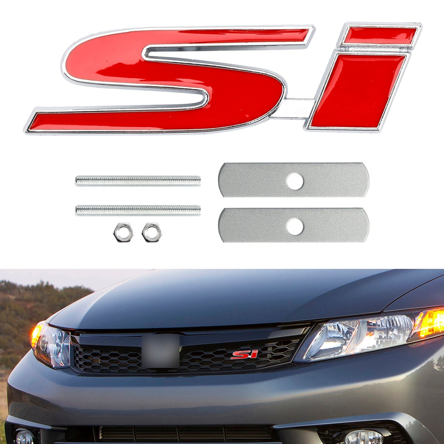 Si Front Grille Emblem Decal Badge for Honda red-silver