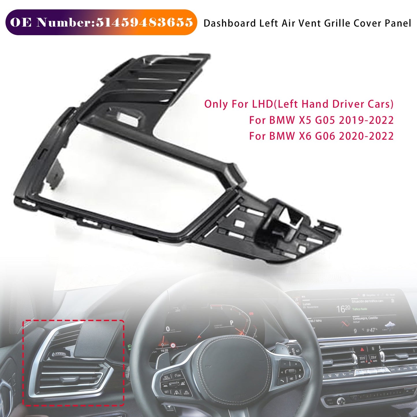 2019-2022 BMW X5 G05 Dashboard Left Air Vent Grille Cover Panel 51459483655