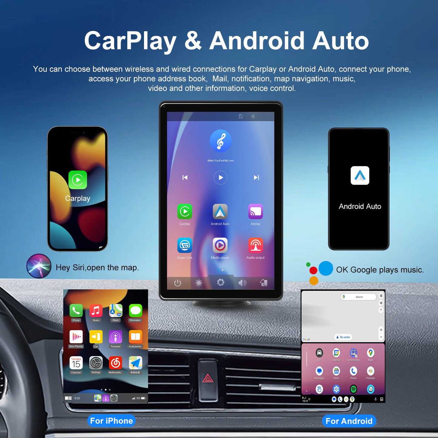 8" Touch Screen Apple CarPlay Android Auto Horizontal Vertical Switching Display