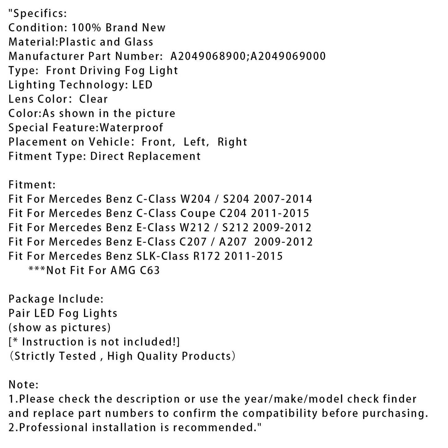 Pair LED Daytime Running Fog Lights For Mercedes Benz W204 S204 W212 2007-2014