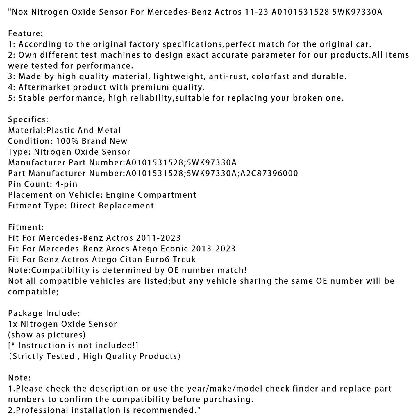 2013-2023 Mercedes-Benz Arocs Atego Econic Nox Nitrogen Oxide Sensor A0101531528 5WK97330A
