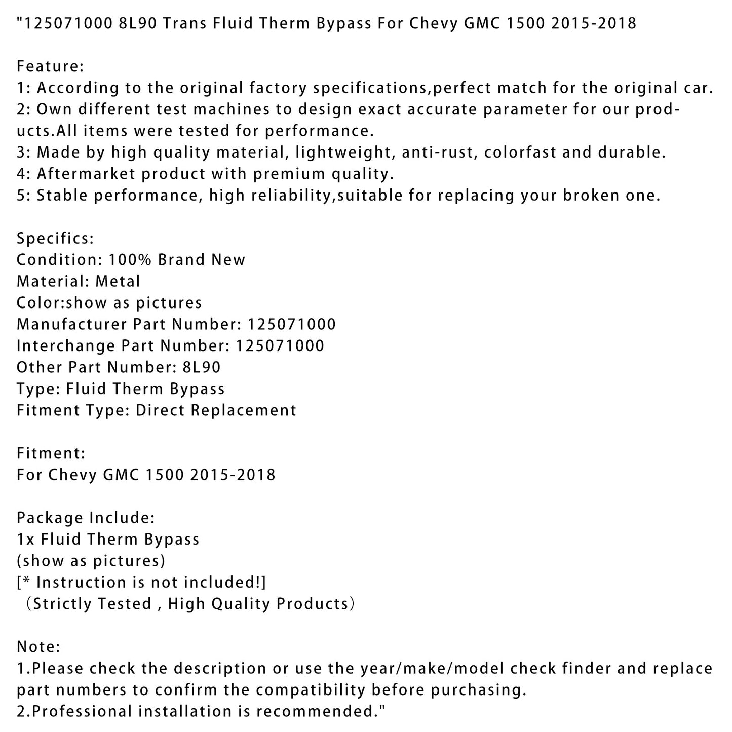2015-2018 Chevy GMC 1500 8L90 Trans Fluid Therm Bypass 125071000