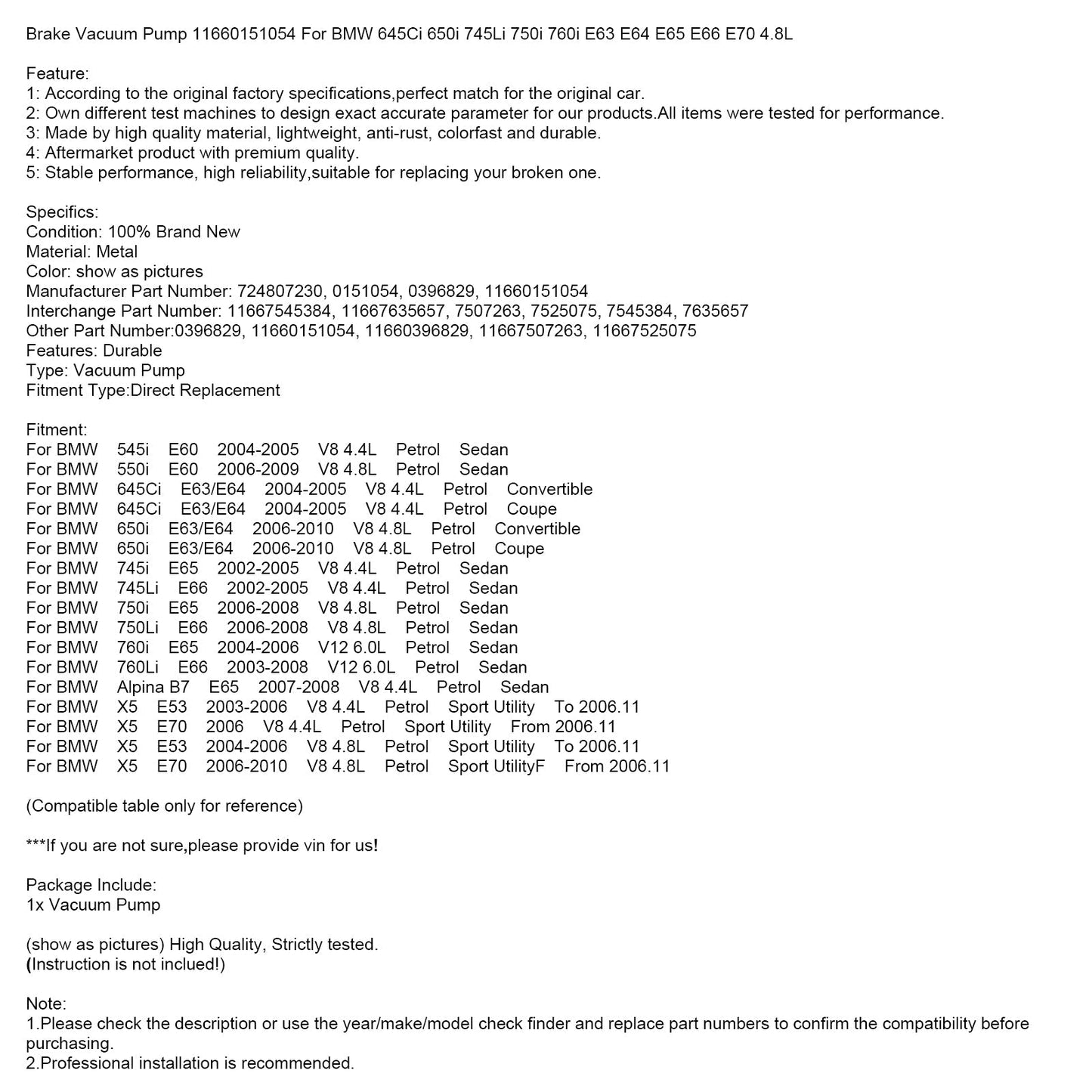 2006-2008 BMW 750Li E66 V8 4.8L Petrol Sedan Brake Vacuum Pump 11660151054