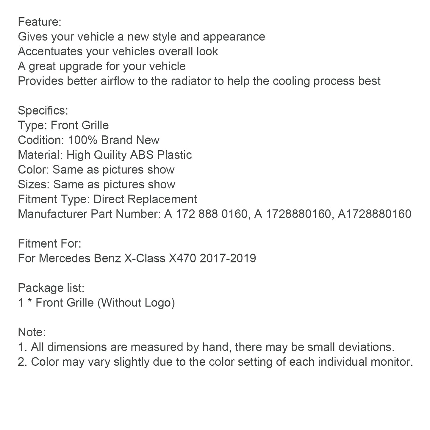 2017-2019 Mercedes Benz X-Class X470 Black Front Bumper Grille Grill