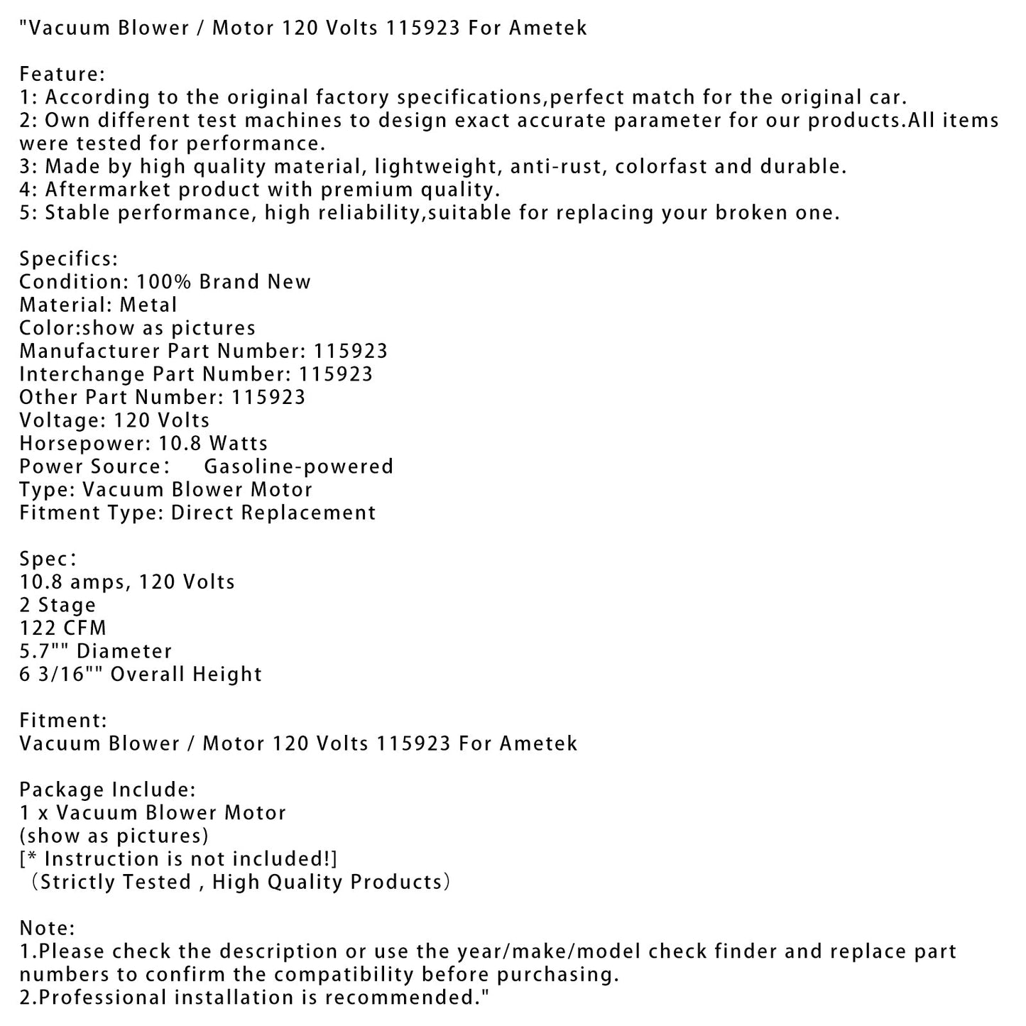 Ametek Vacuum Blower / Motor 120 Volts 115923