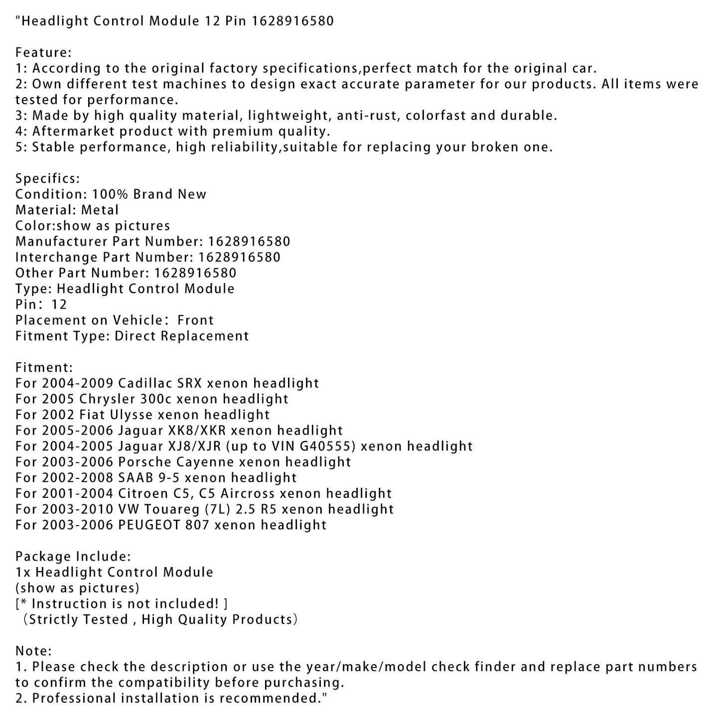 2001-2004 Citroen C5, C5 Aircross xenon Headlight Control Module 12 Pin 1628916580