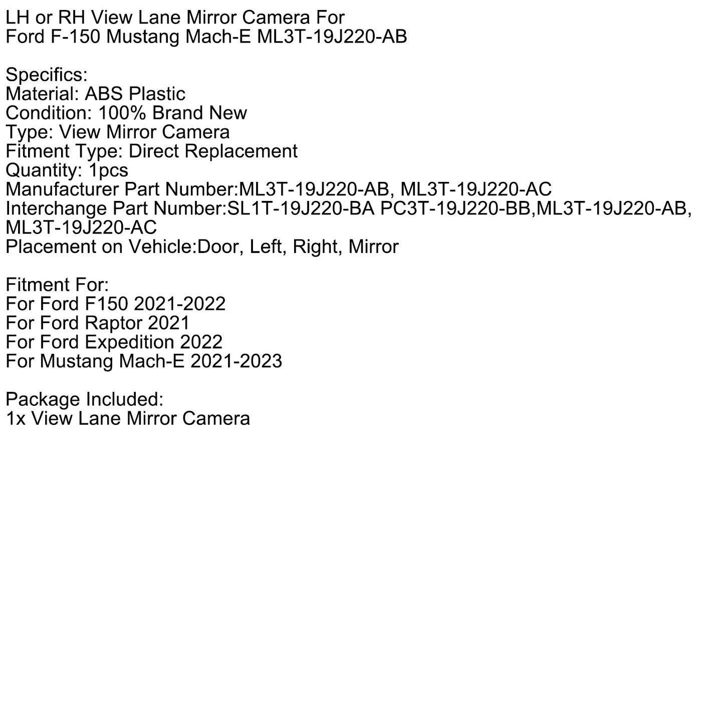2021-2022 Ford F150 View Mirror Camera ML3T-19J220-AC SL1T-19J220-BA