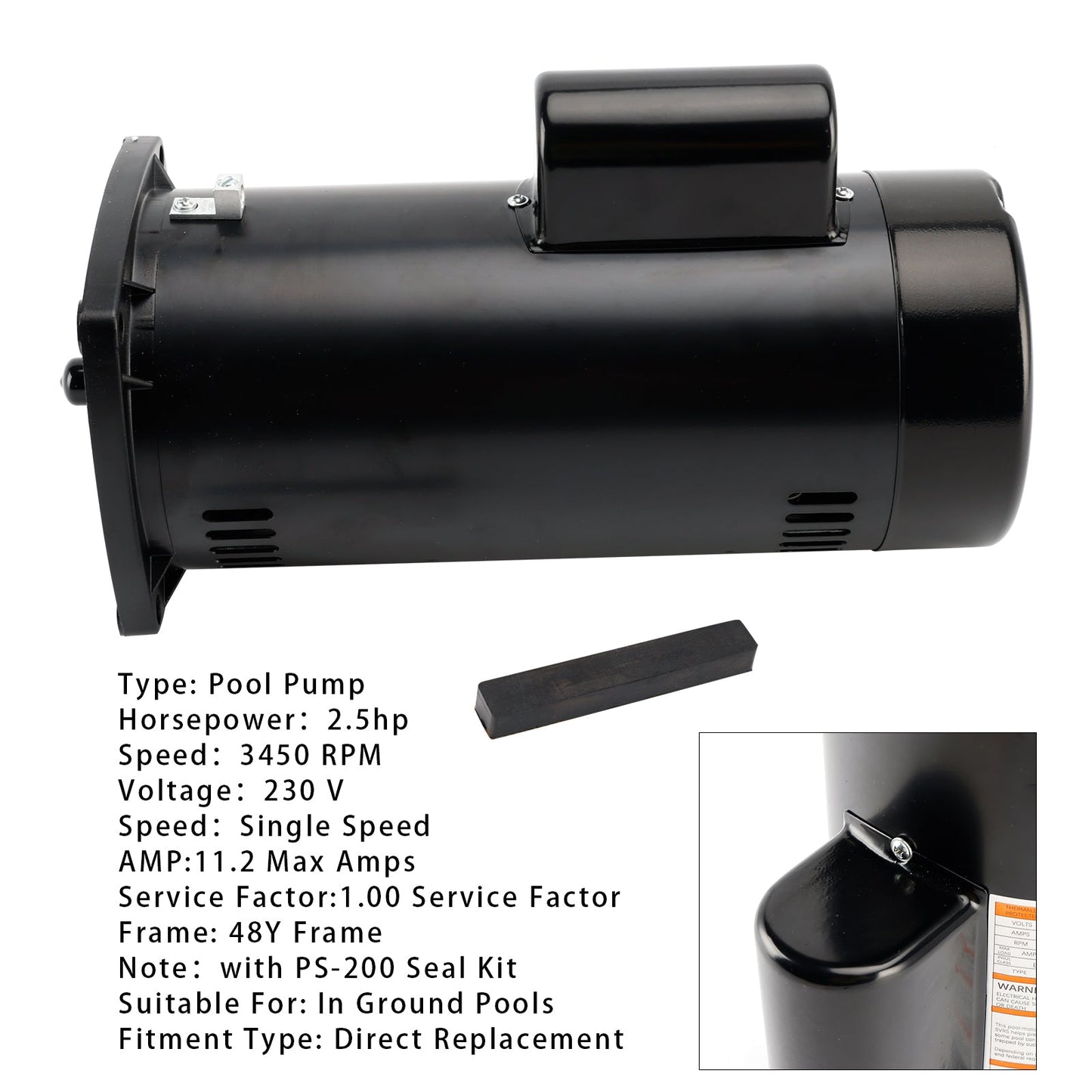 USQ1252 Swimming Pool Motor 2.5HP 230V 48Y Square Flange With PS-200 Seal Kit