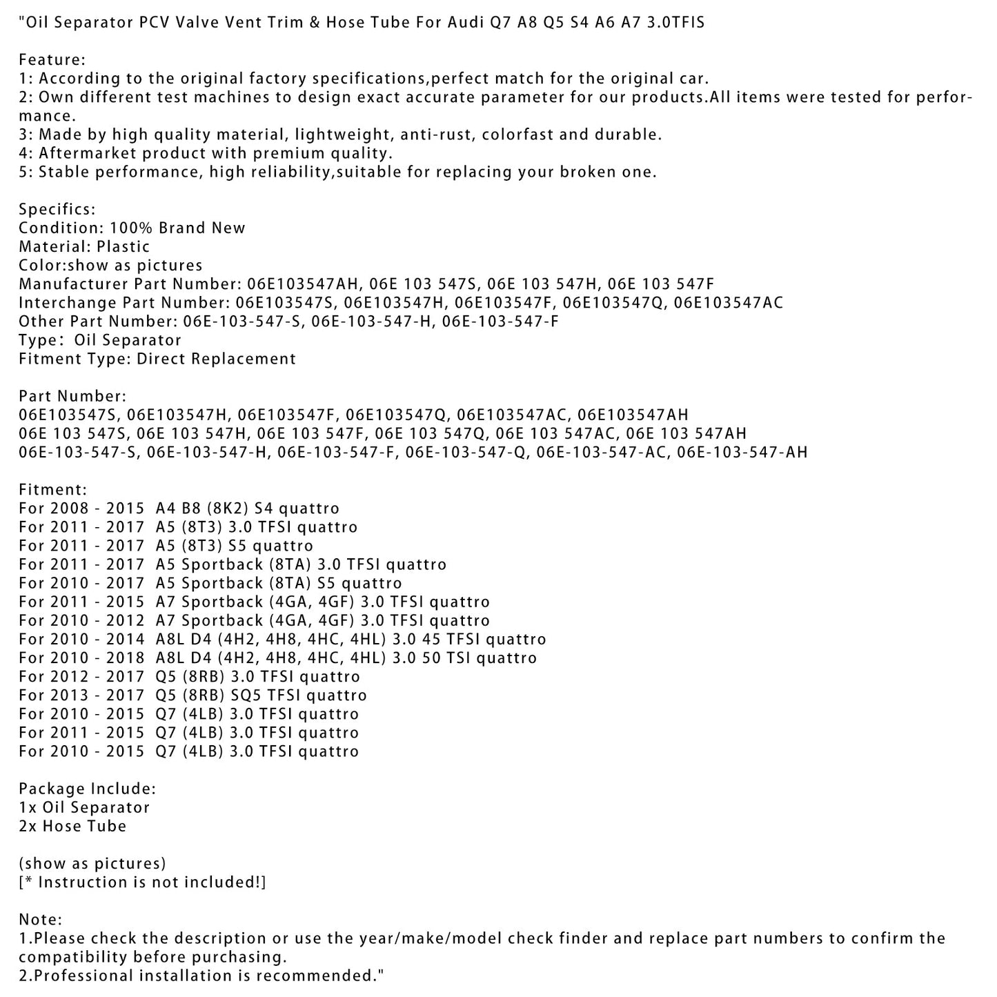 2011 - 2017 A5 (8T3) S5 quattro Oil Separator PCV Valve Vent Trim & Hose Tube 06E103547S