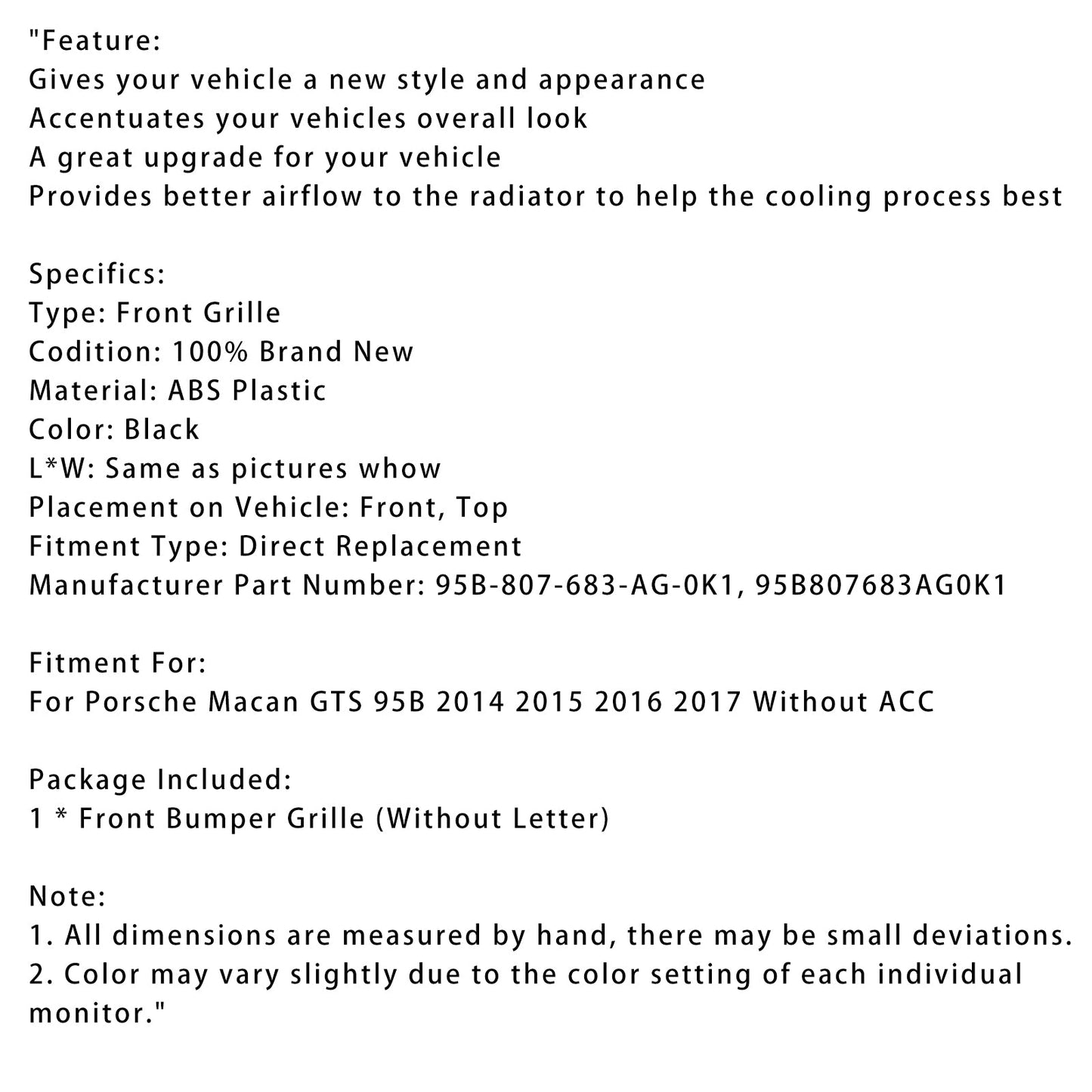 2014-2017 Porsche Macan GTS 95B Front Bumper Grill Grille 95B807683-AG-0K1