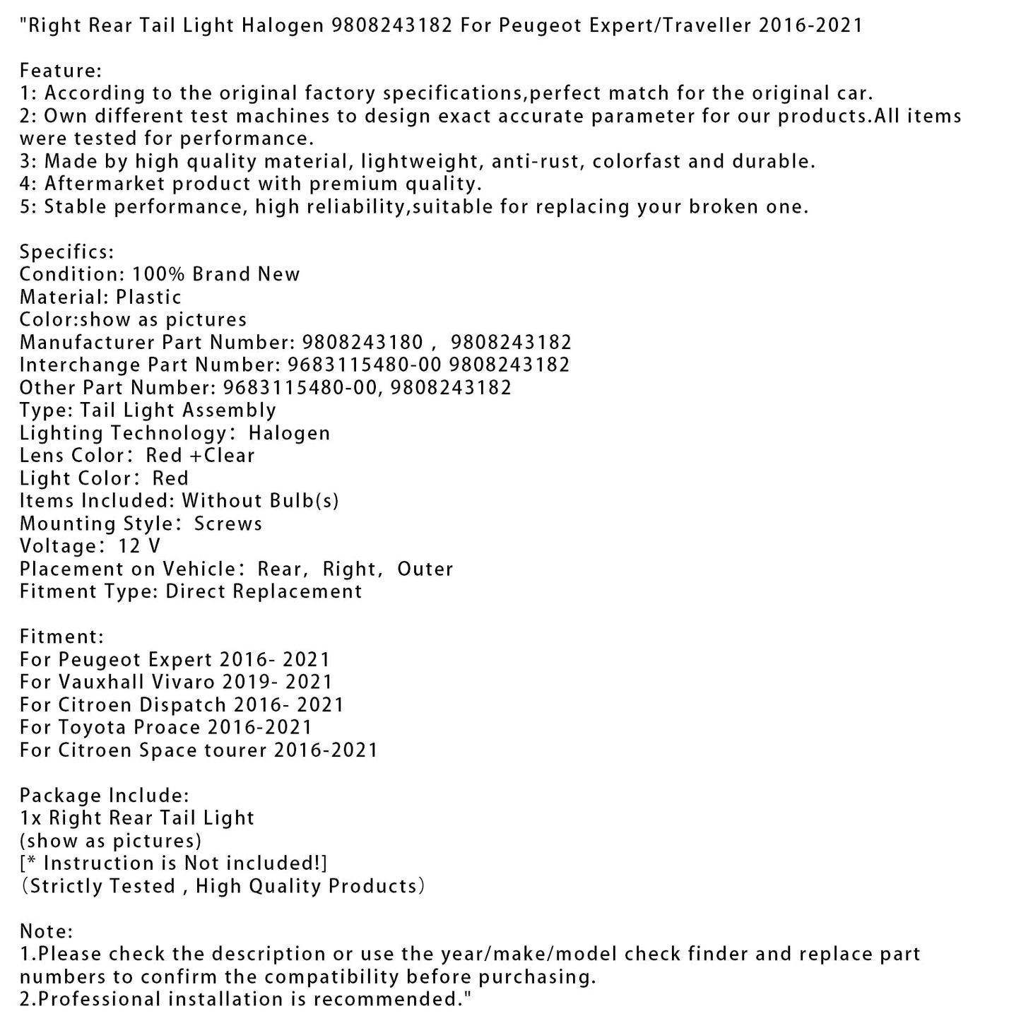2016-2021 Peugeot Expert Right Rear Tail Light Halogen 9808243180 9808243180 9808243182