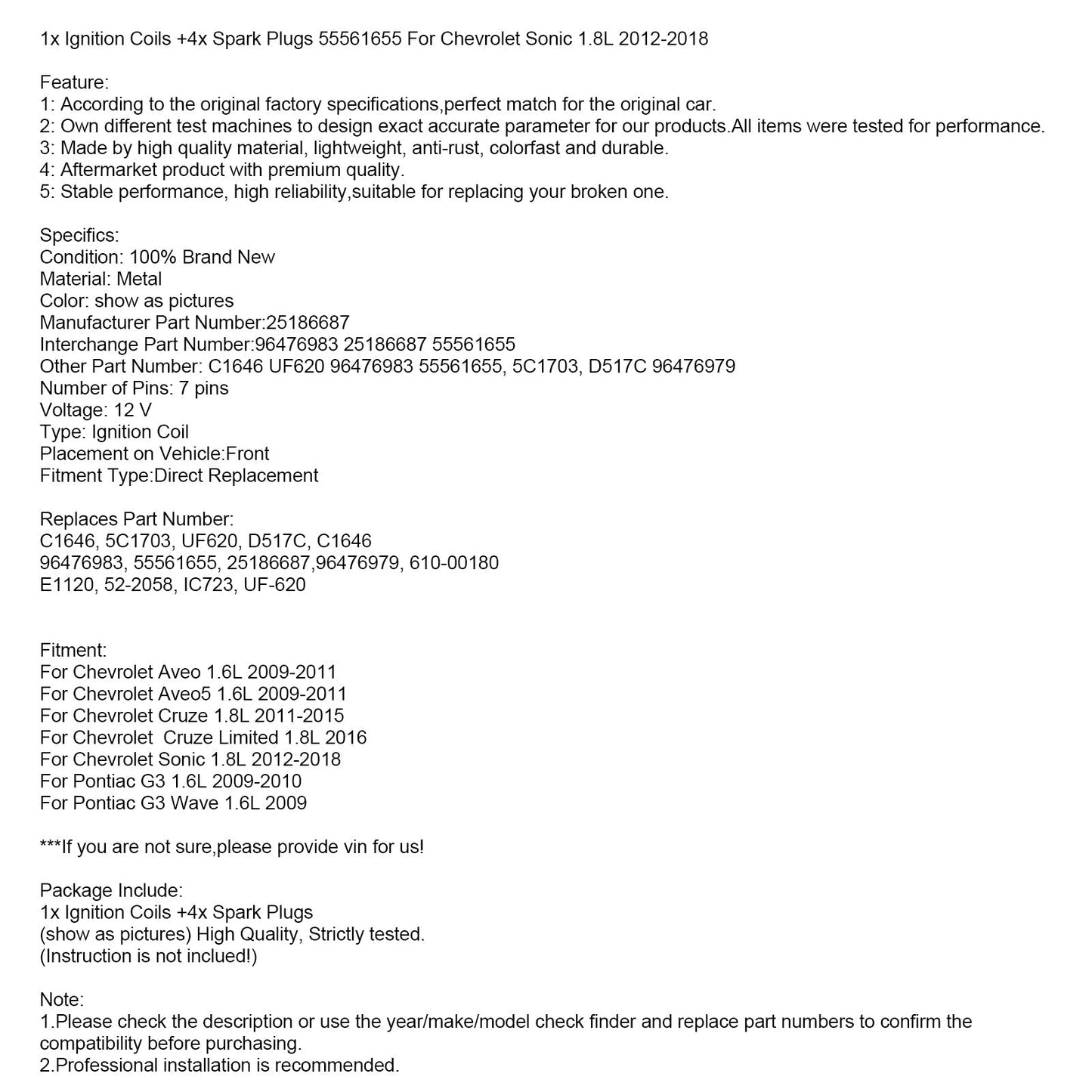 2011-2015 Chevrolet Cruze 1.8L 1x Ignition Coils +4x Spark Plugs 55561655