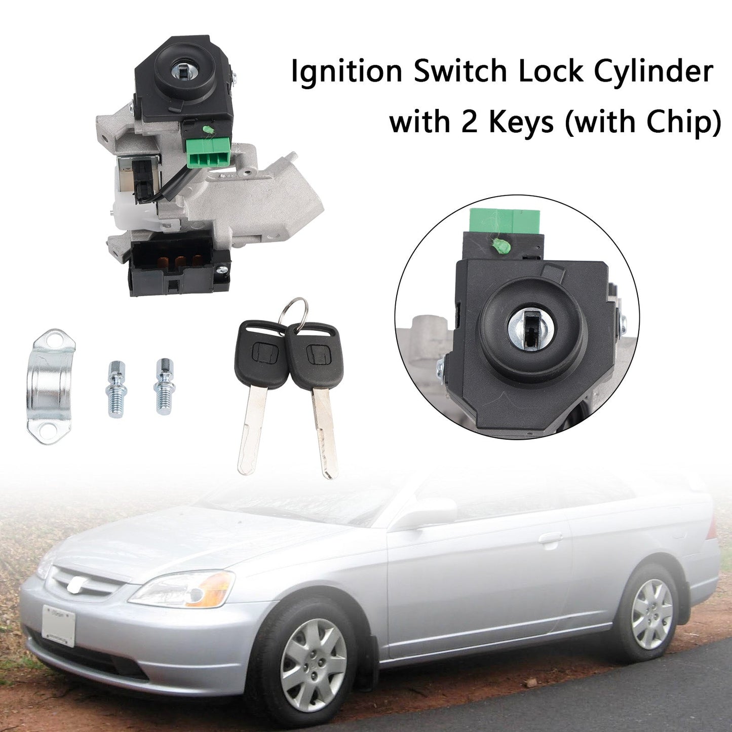 2001-2005 Honda Civic 1.7L 1668CC L4 GAS Ignition Switch Lock Cylinder with 2 Keys (with Chip)