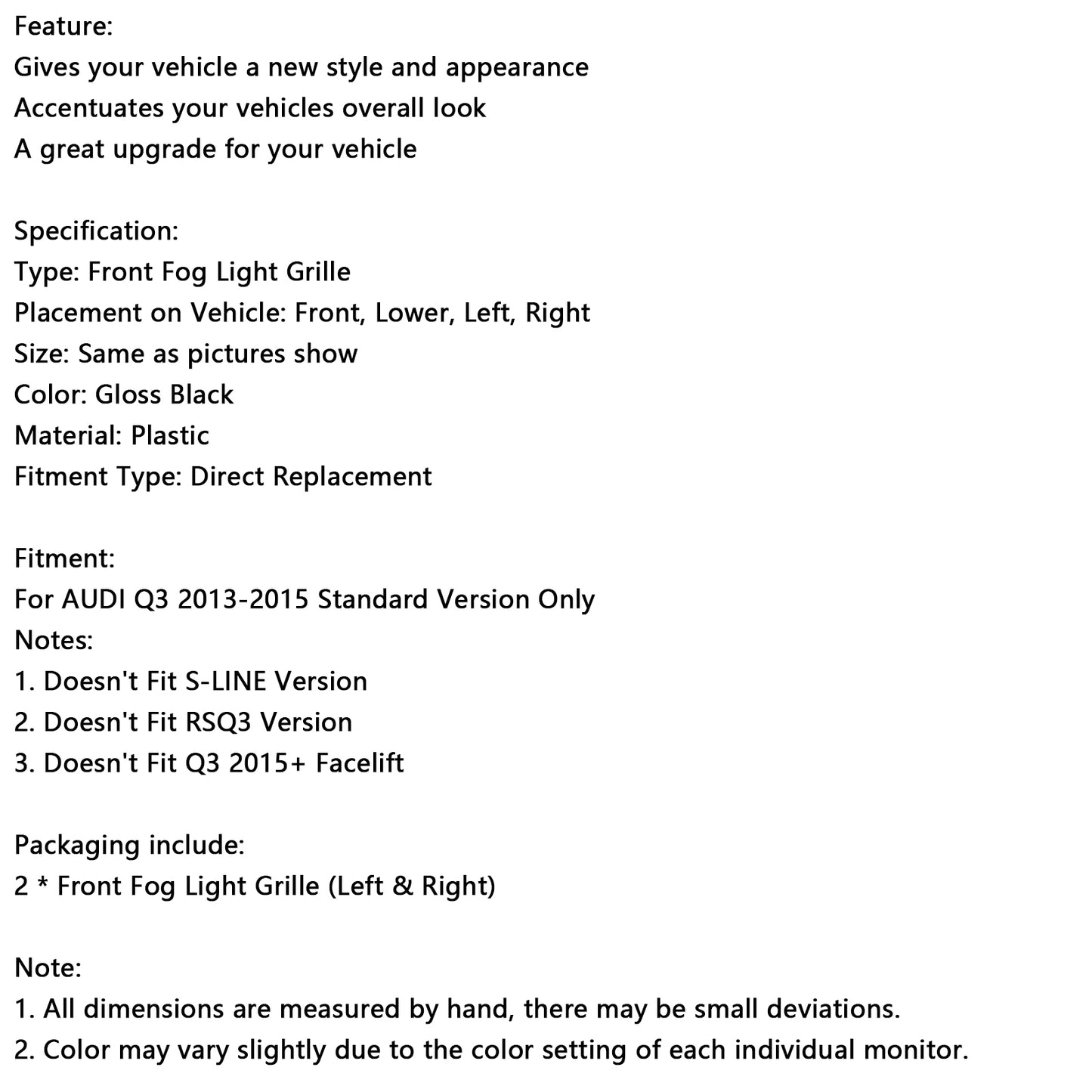 RSQ3 Style Honeycomb Front Fog Light Covers Fit Audi Q3 2013-2015 Gloss Black