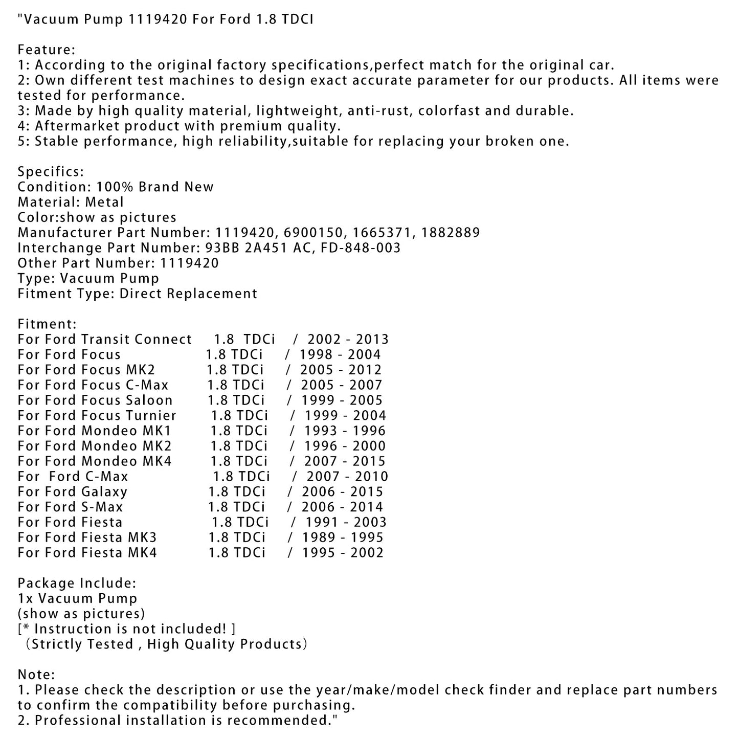 2005 - 2007 Ford Focus C-Max 1.8 TDCi Vacuum Pump 1119420 6900150 1665371