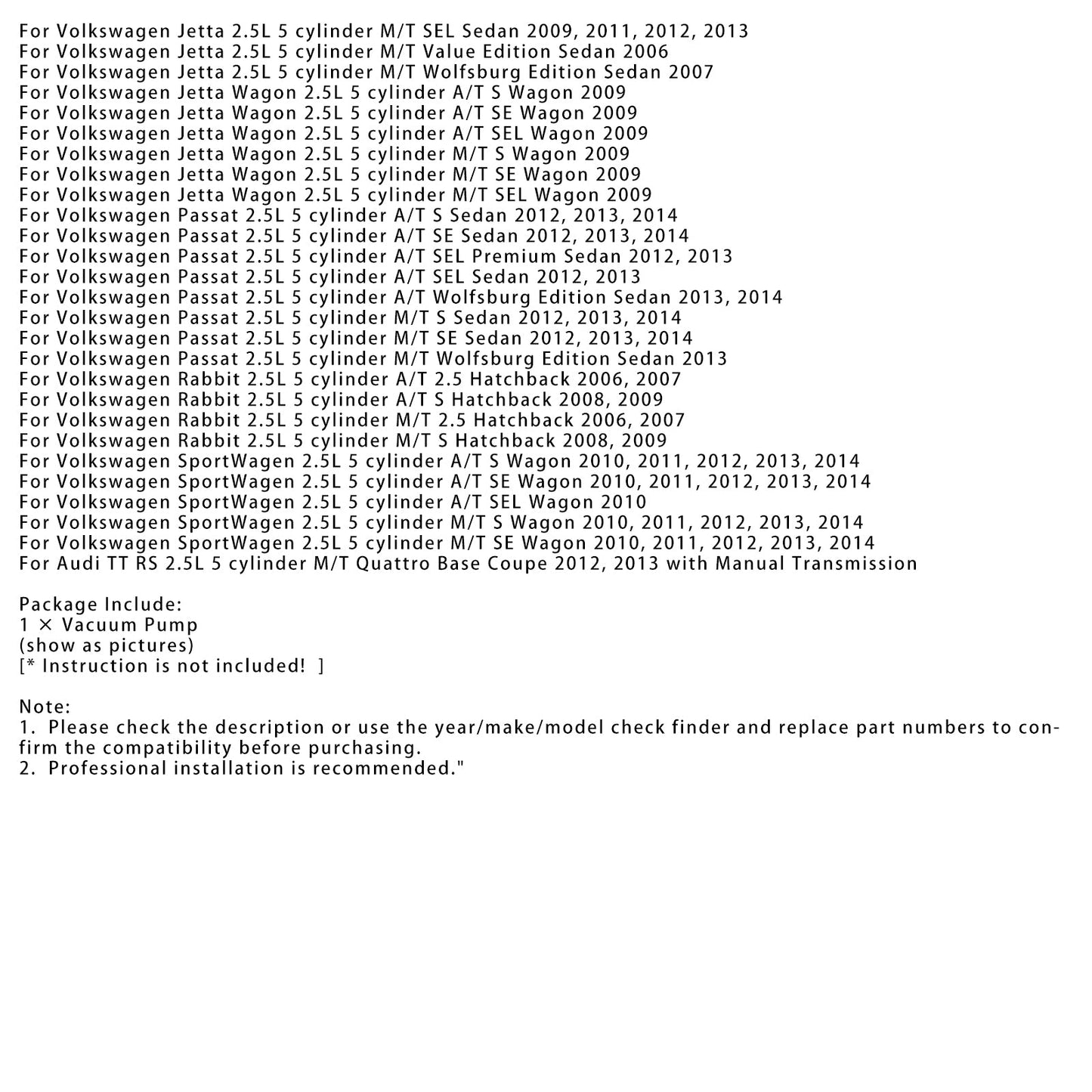 2010-2014 Volkswagen SportWagen 2.5L 5 cylinder M/T SE Wagon Vacuum Pump 07K145100H 904-817 (Copy)