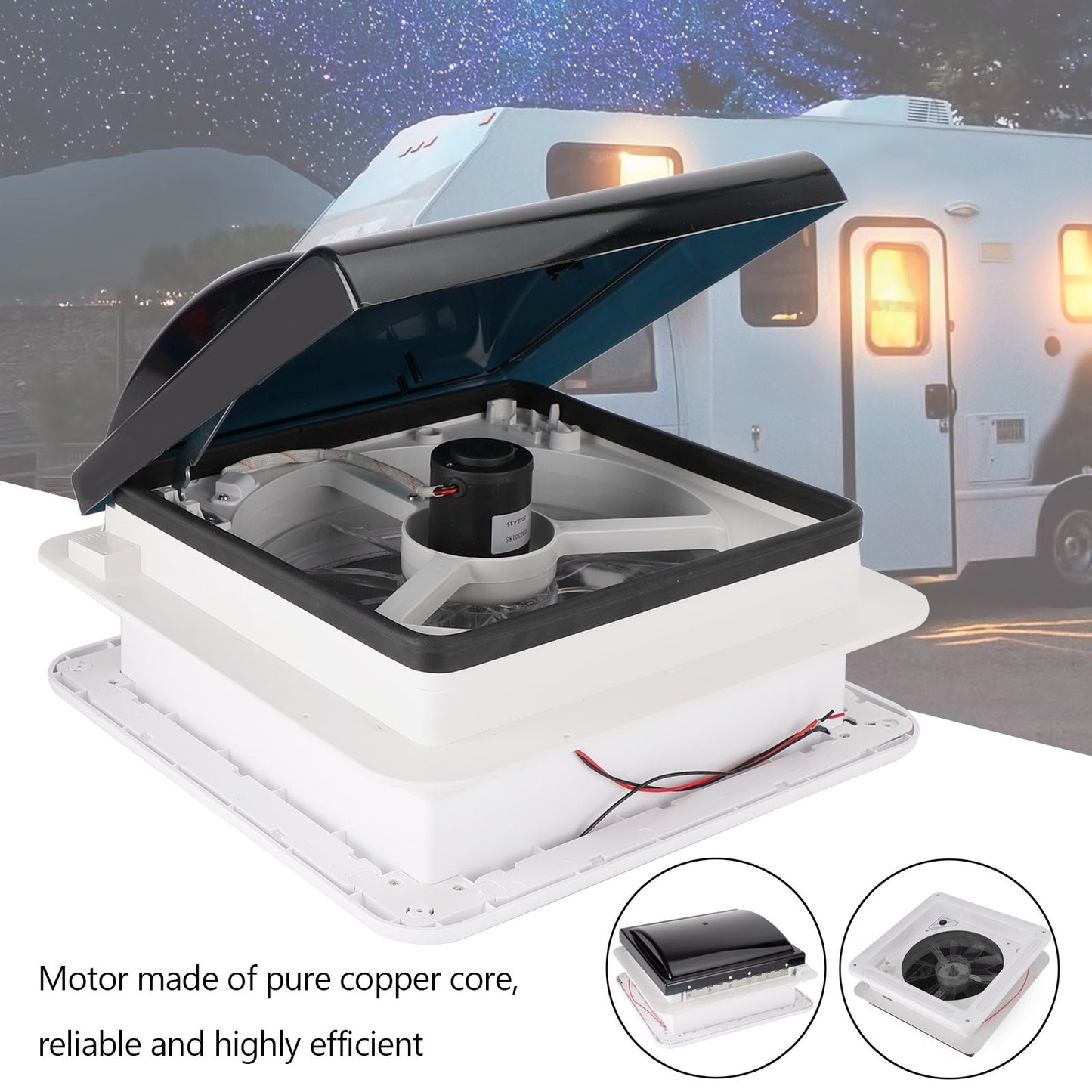 14" 12V Caravan Roof Vent Fan For RV With LED Light Manual RV Camper Fan Skylight