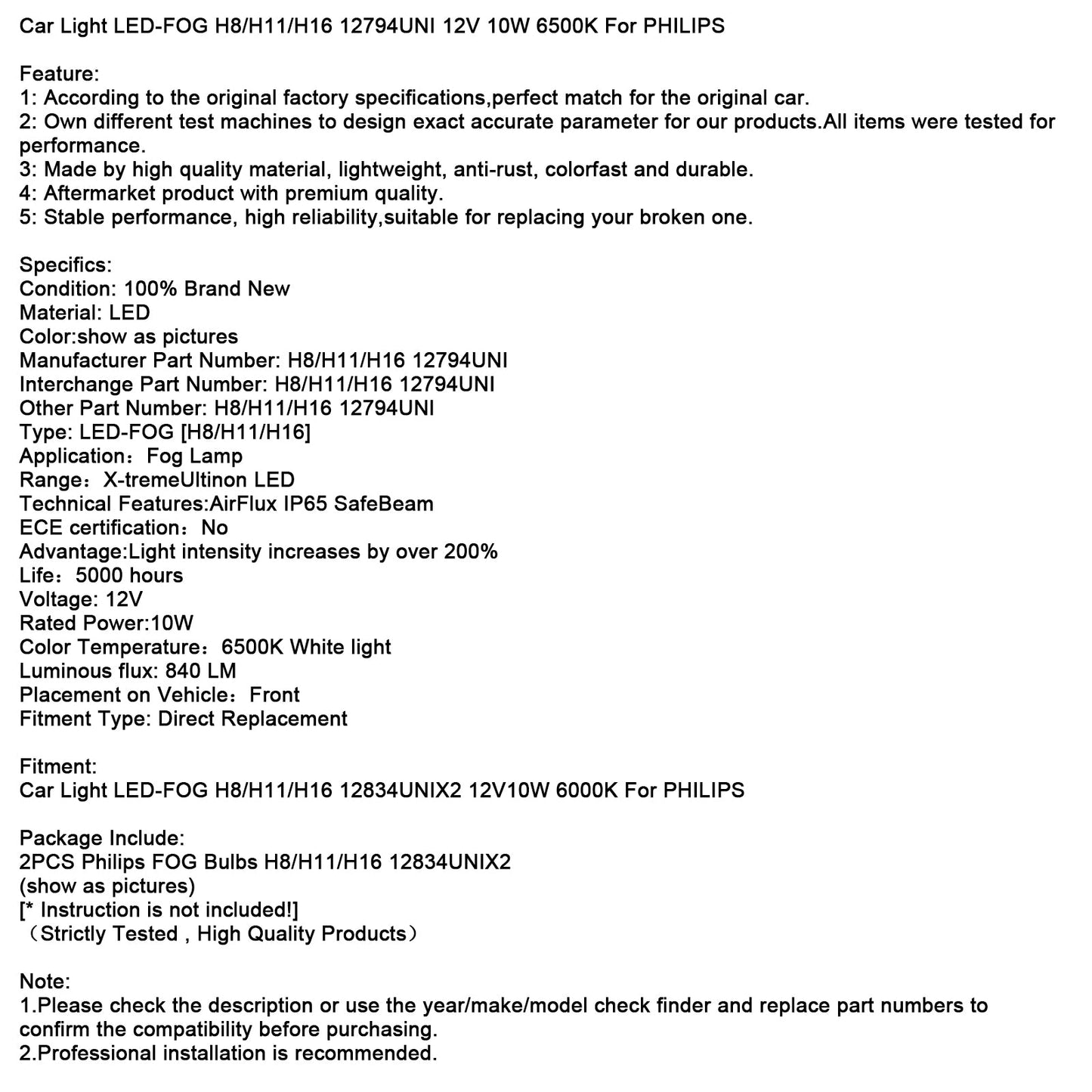 Car Light LED-FOG H8/H11/H16 12794UNI 12V 10W 6500K For PHILIPS