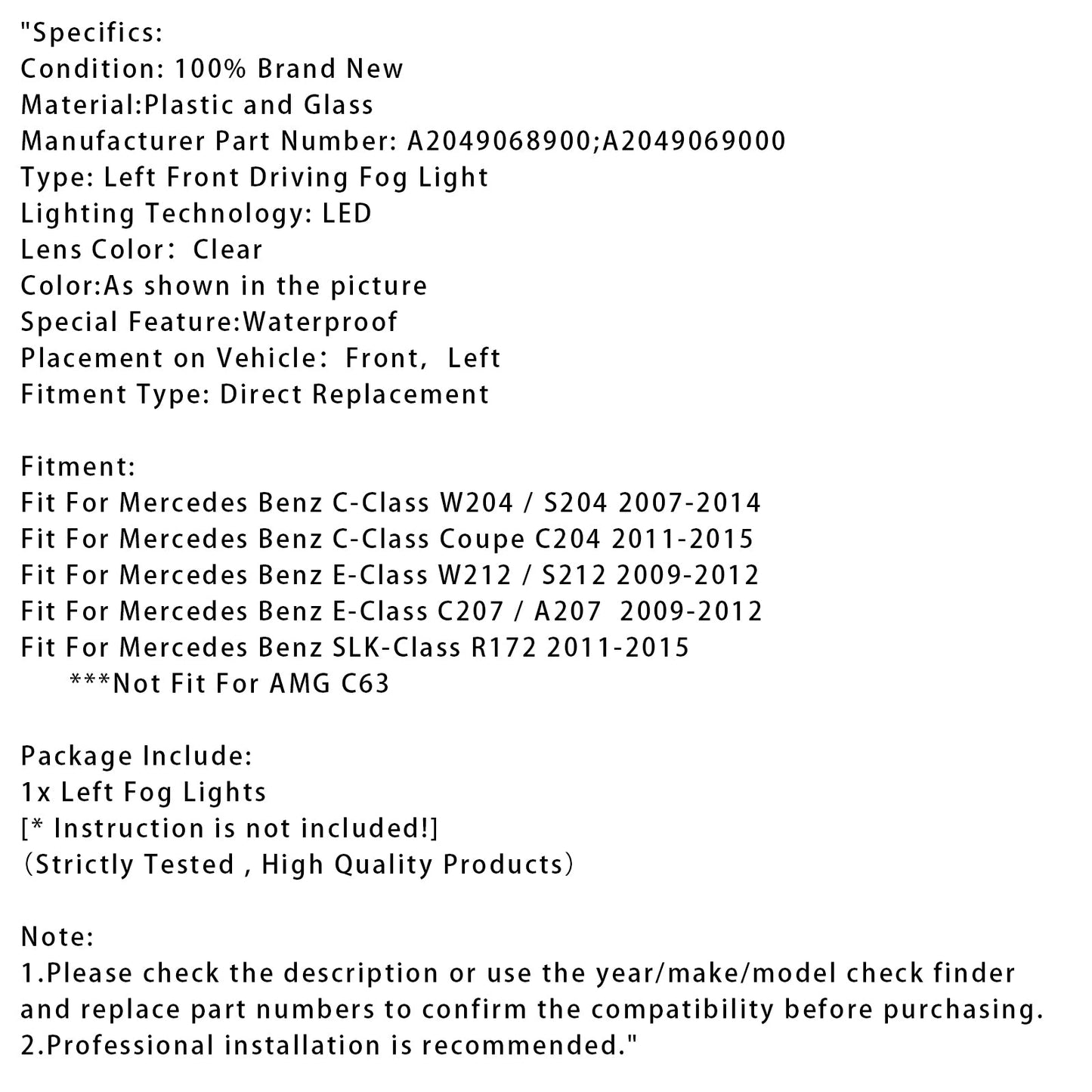 LED Daytime Running Left Fog Lights For Mercedes Benz W204 S204 W212 2007-2014