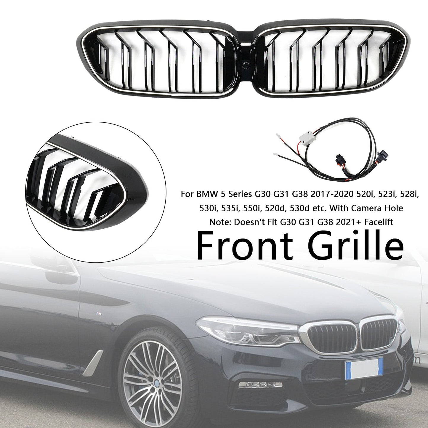 2017-2020 BMW 5 Series G30 G31 Double Slat Front Kidney Grille Gloss Black