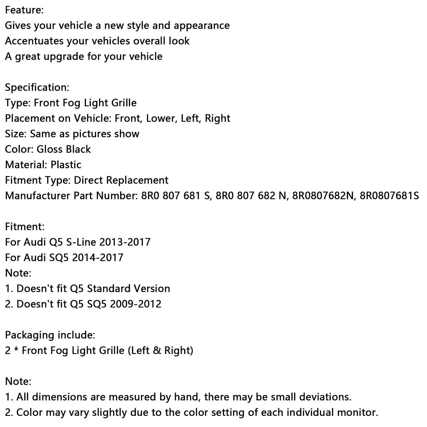 Front Bumper Fog Light Grill Grille Fit Audi Q5 S-Line SQ5 2013-2017 Black