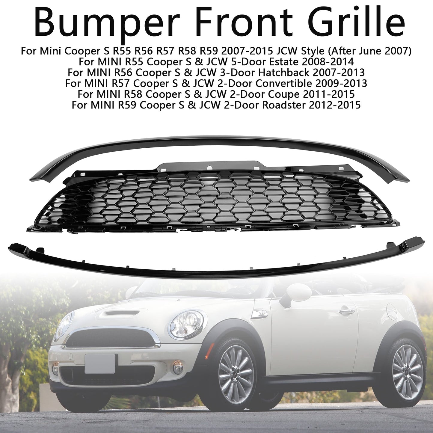 2007-2015 Mini Cooper S R55 R56 R57 R58 R59 JCW Style 3PCS Gloss Black Front Grill Grille