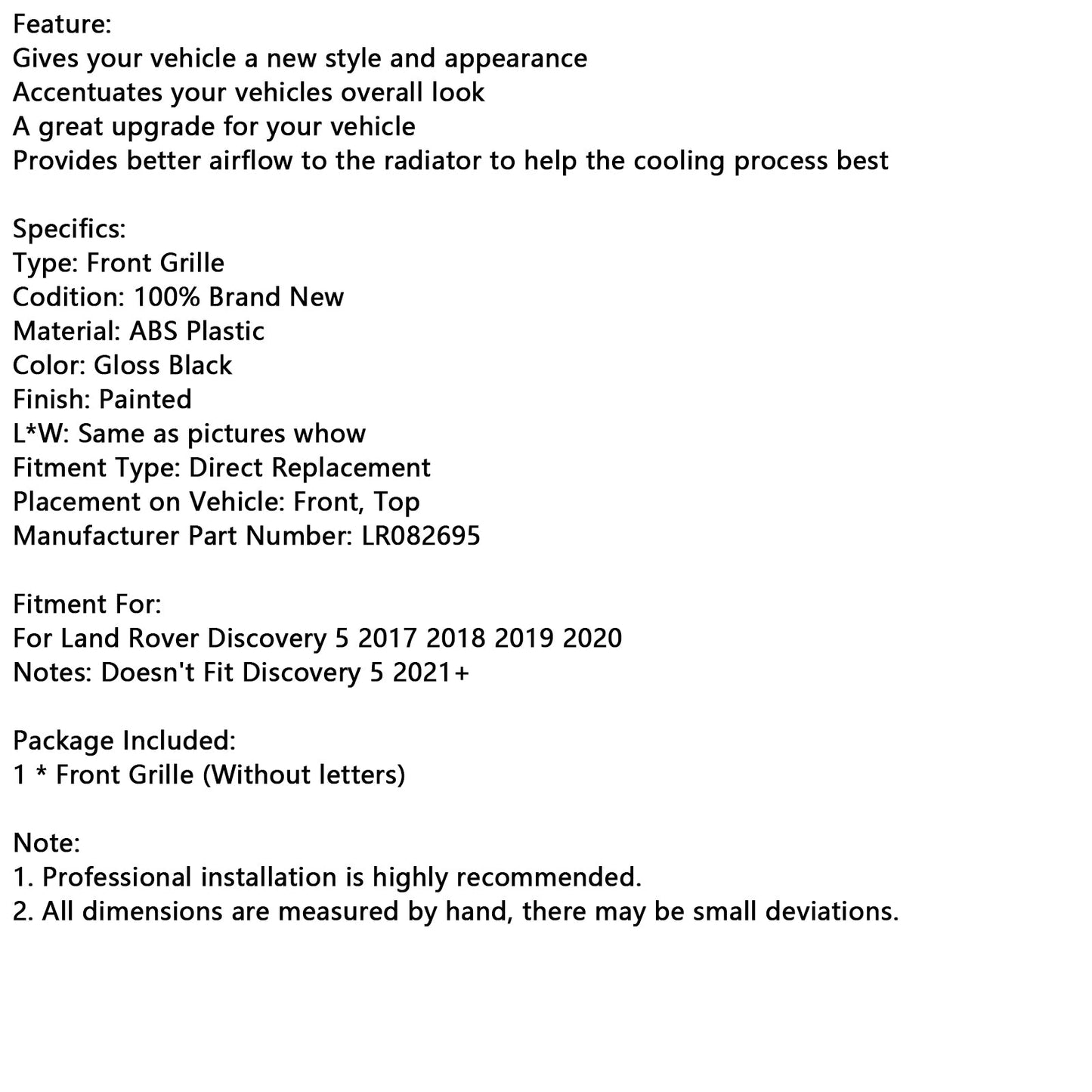 2017-2020 Land Rover Discovery 5 L462 Front Bumper Grill Grille Black