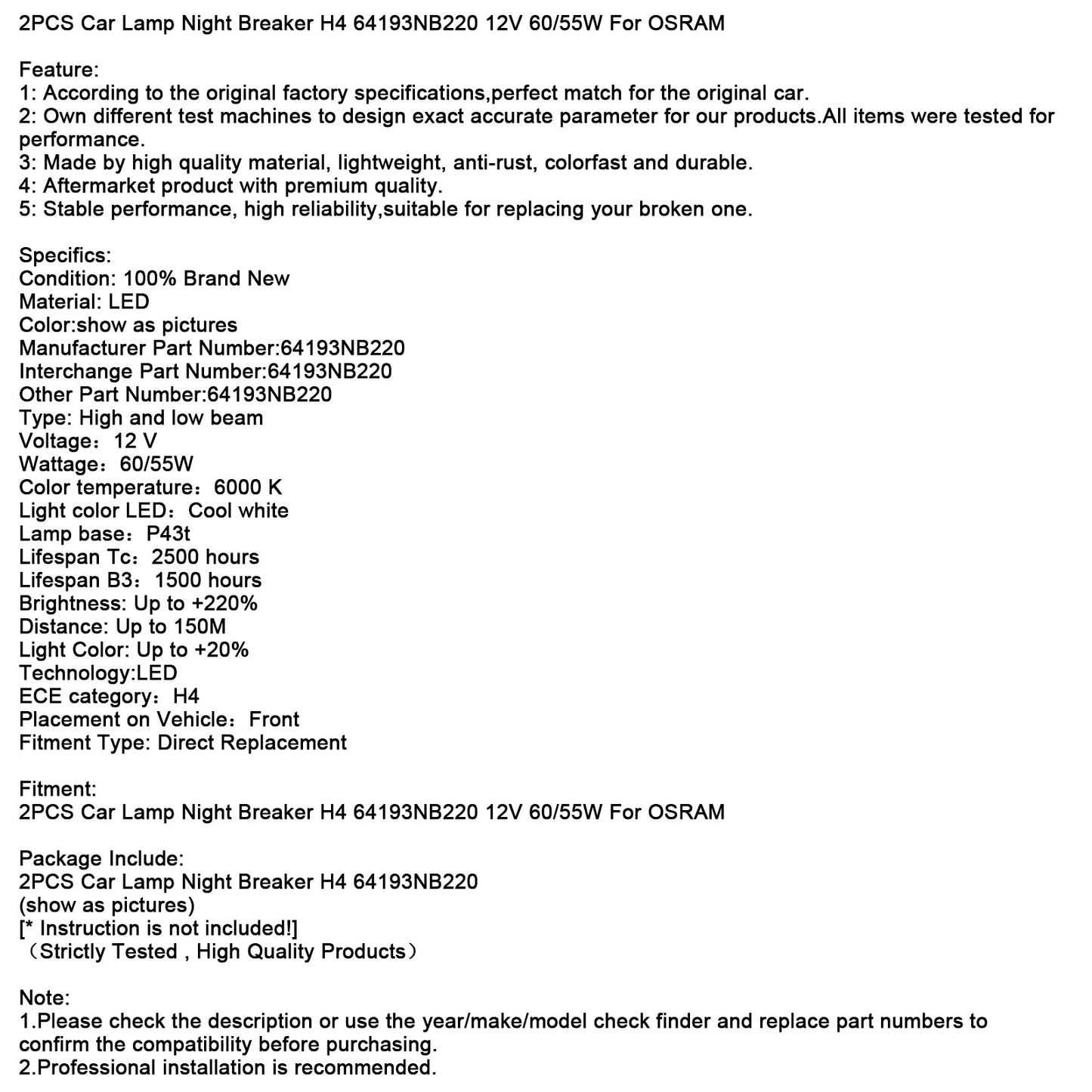 2PCS Car Lamp Night Breaker H4 64193NB220 12V 60/55W For OSRAM
