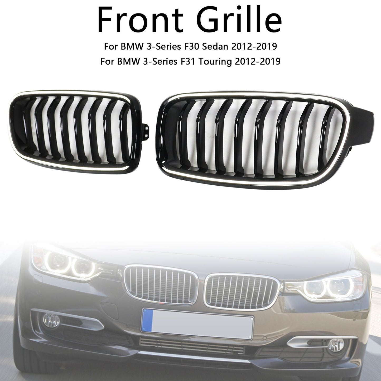 2012-2019 BMW 3-Series F30 Sedan Gloss Black Front Kidney Grille Grill 51137263481 51137255412