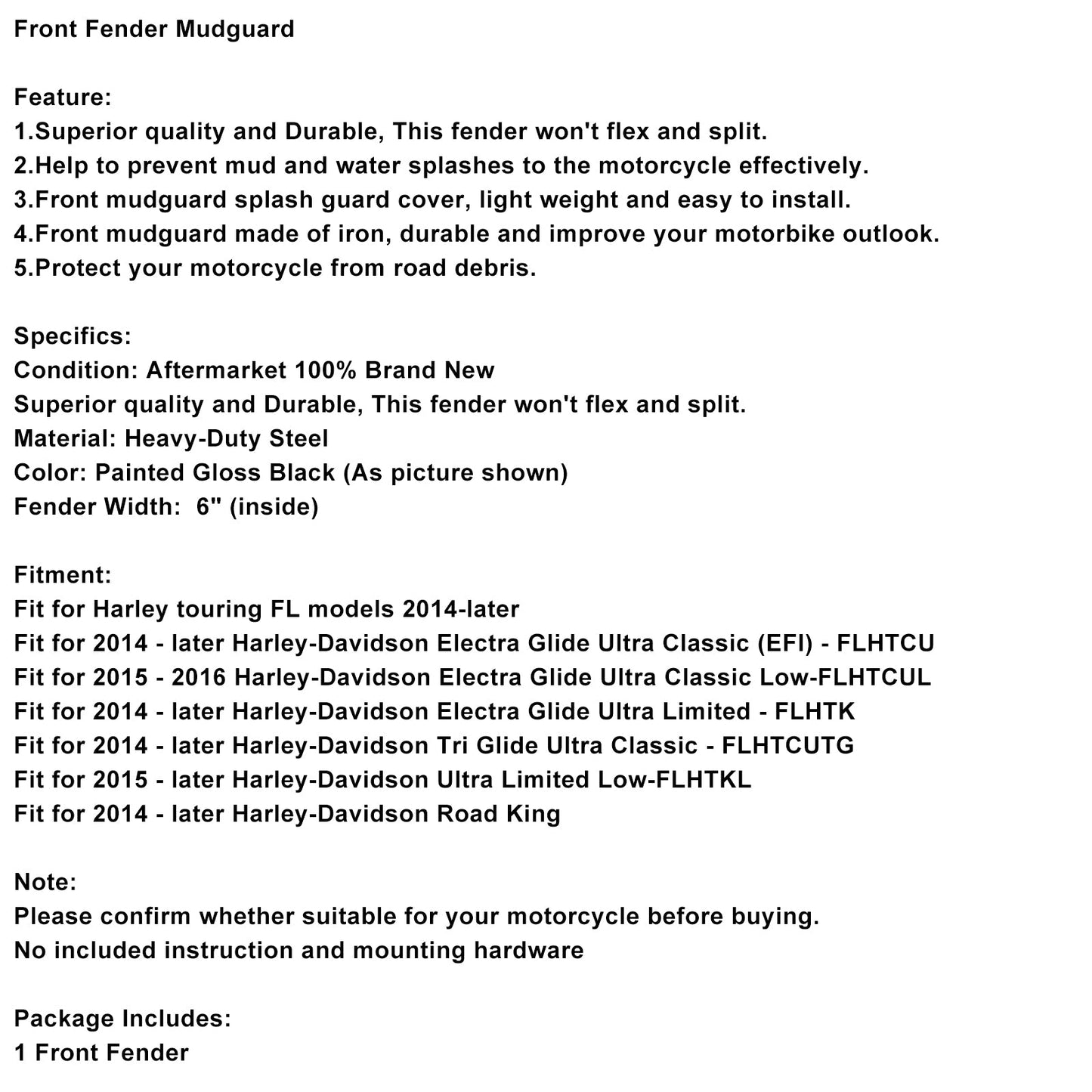014+ Harley-Davidson Electra Glide Ultra Limited - FLHTKSteel Front Fender Mudguard