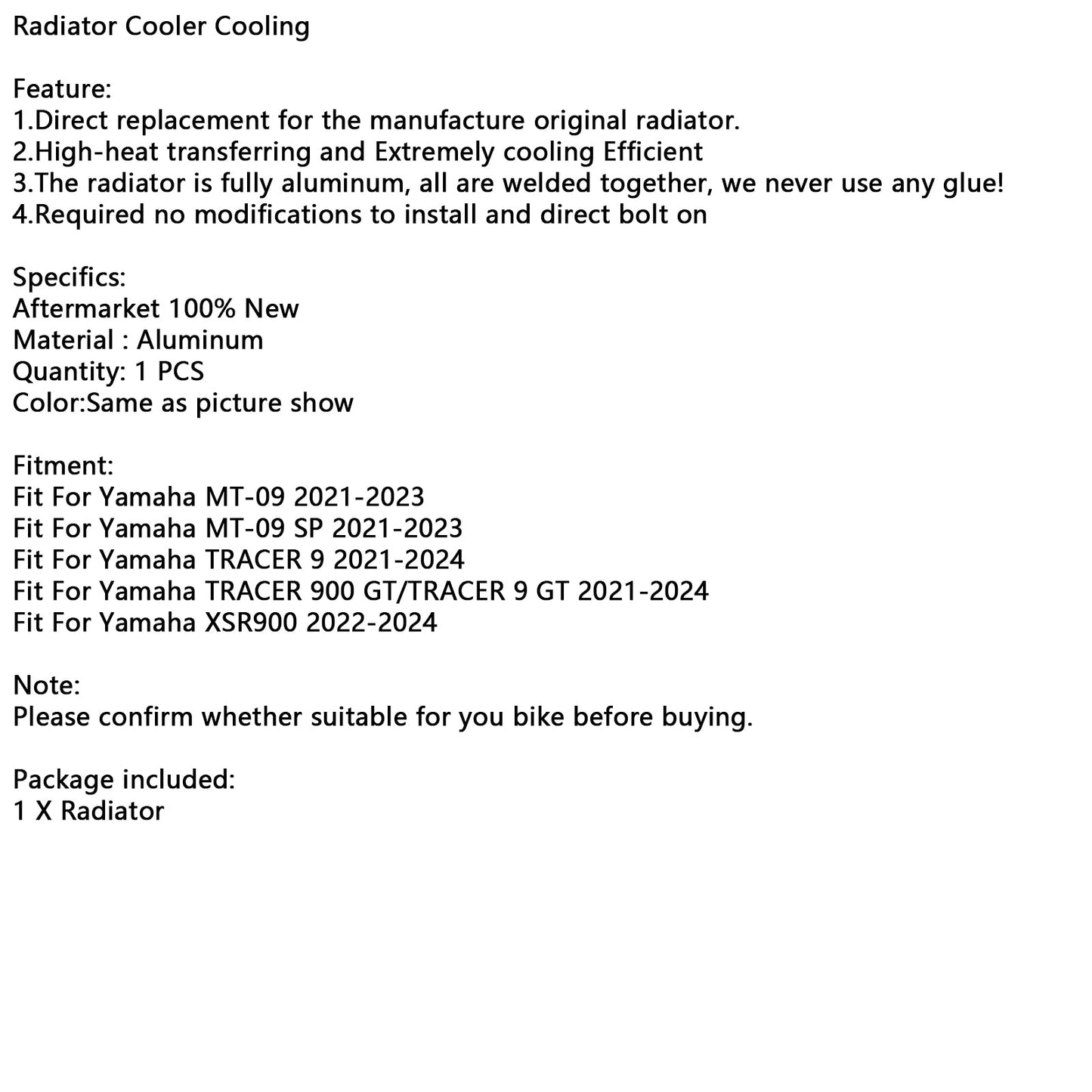 2021-2024 Yamaha TRACER 900 GT/TRACER 9 GT Radiator Cooling Engine Cooler