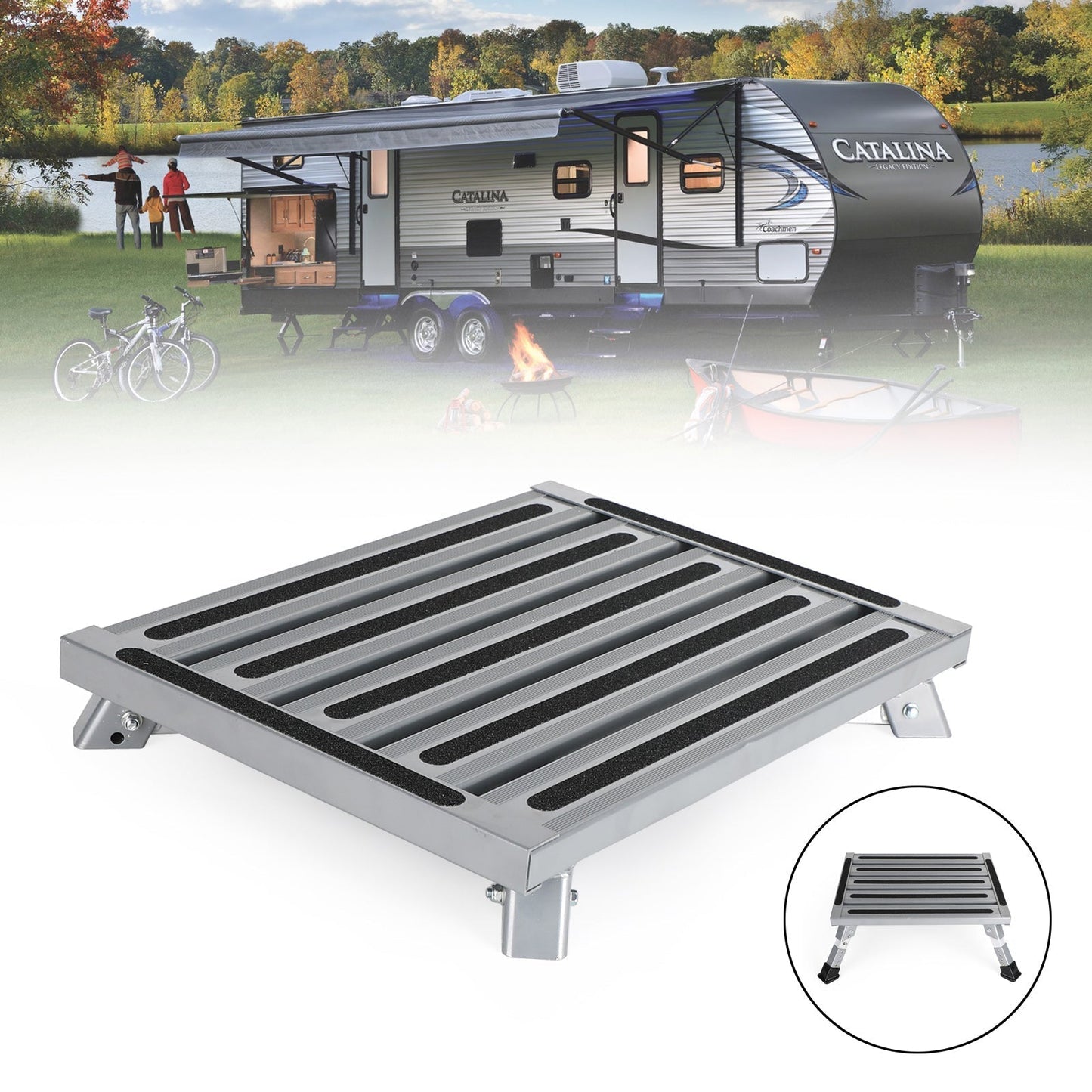 Folding Aluminum RV Step with Platform Stool Trailer Camper Working Ladder Portable