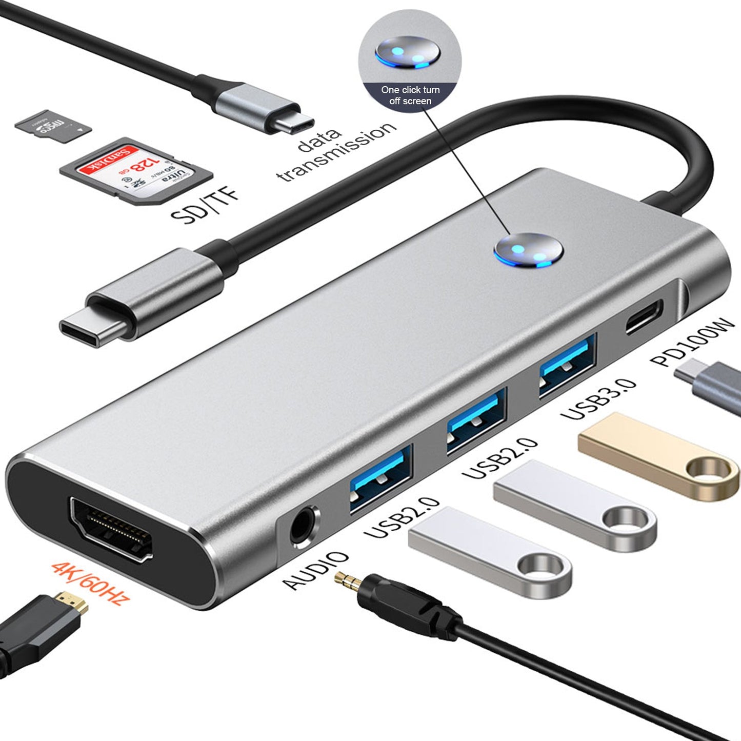 9 in 1 TYPE-C+USB3.0 USB2.0 HDMI SD/TF PD100W Audio Data Interface Hub Adapter