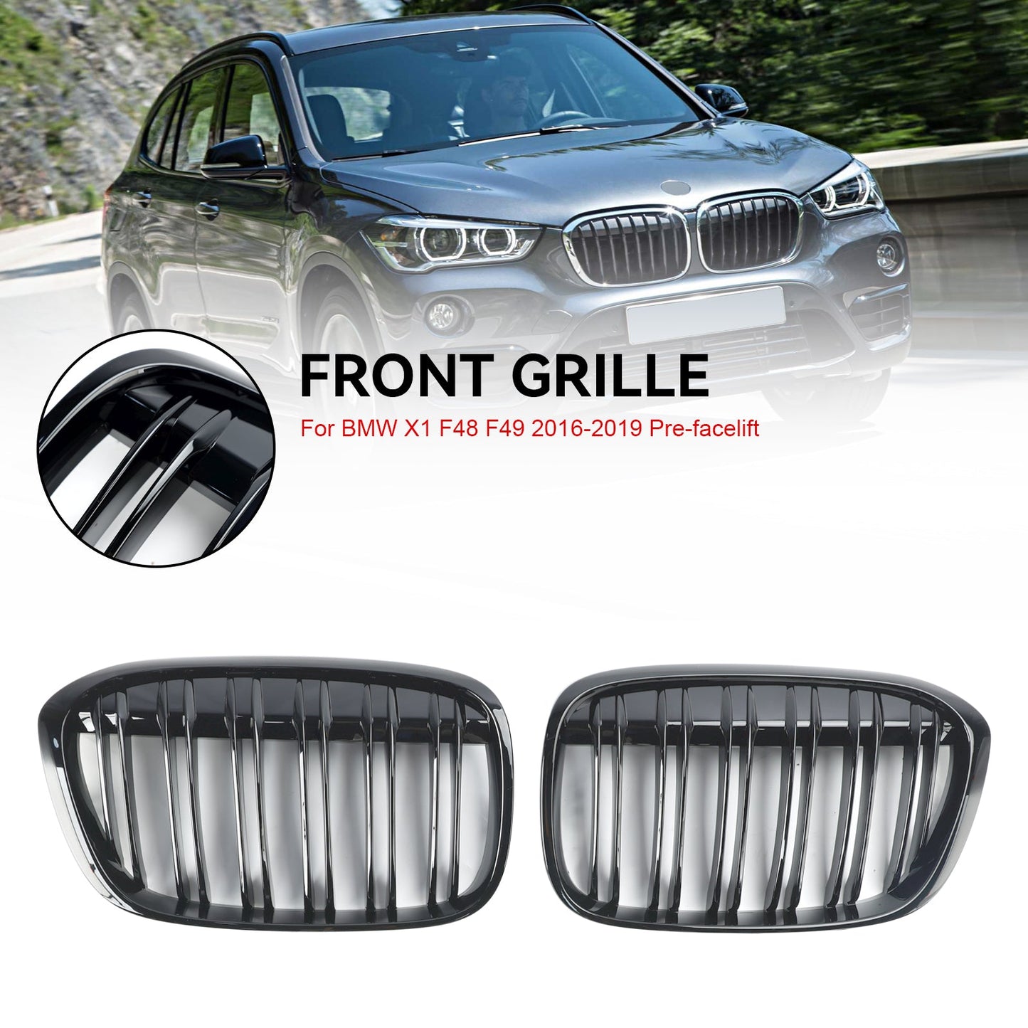 2016-2019 BMW X1 F48 F49 2PCS Gloss Black Front Kidney Grill Grille