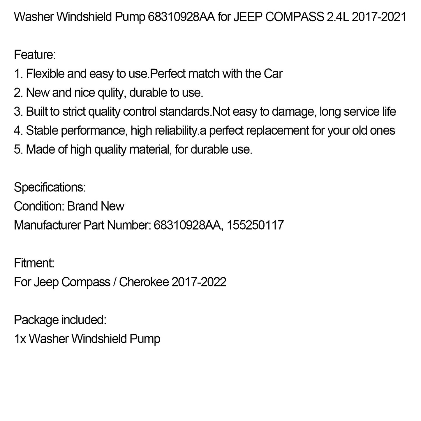2017-2022 Jeep Compass / Cherokee Front Washer Windshield Pump 68310928AA