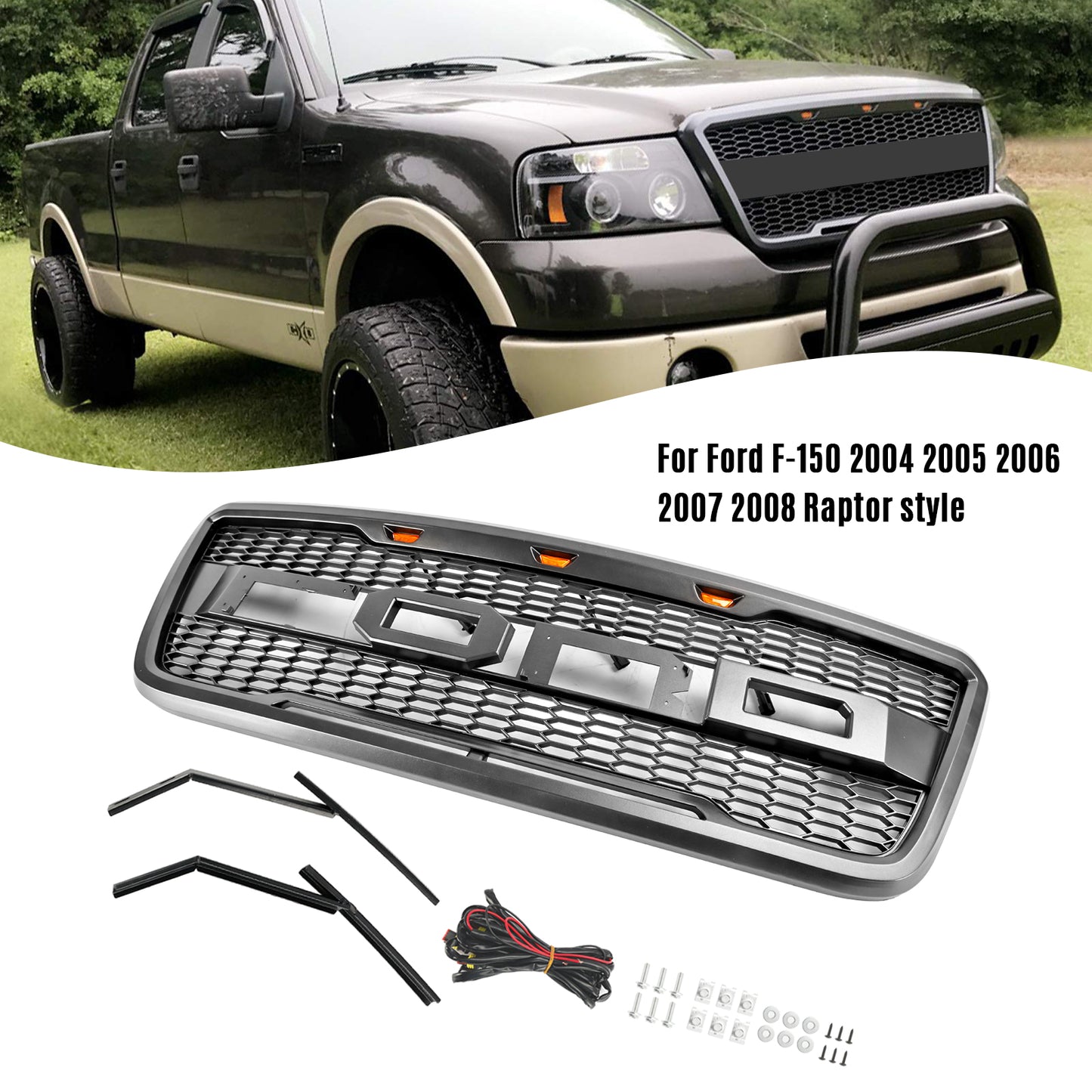 Raptor Style Front Mesh Hood Grille Grill Fit Ford F150 2004-2008 With LED