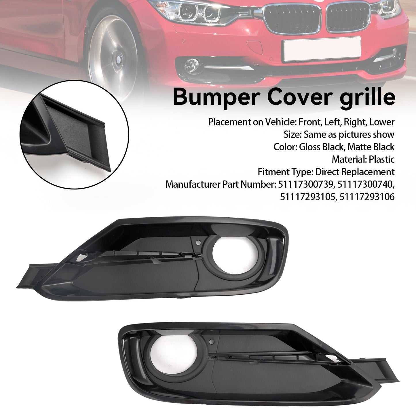 2013-2015 BMW 328i 328i xDrive Front Bumper Fog Light Grille Covers 2PCS