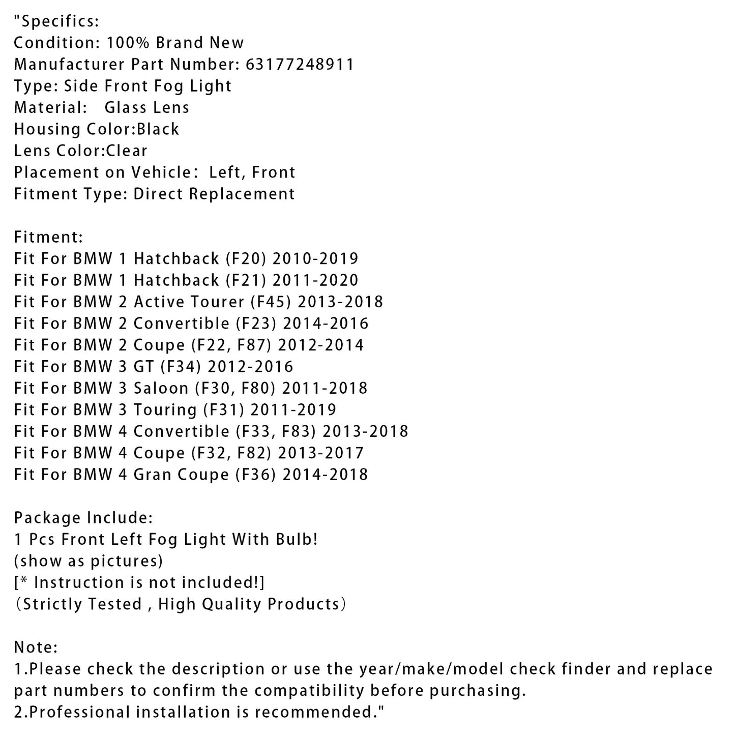 1 Pcs Front Left Fog Light With Bulbs For BMW F20 F21 F30 F31 F80 2011-2019