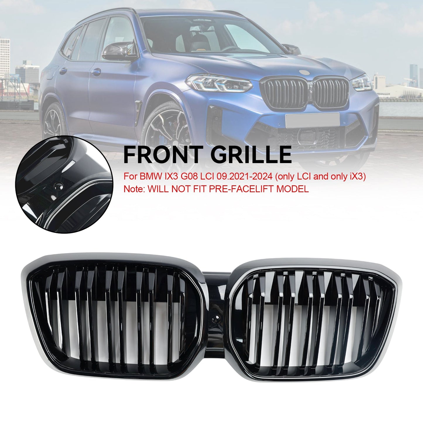 2022+ BMW IX3 G08 LCI Double Slat Gloss Black Front Kidney Grill Grille