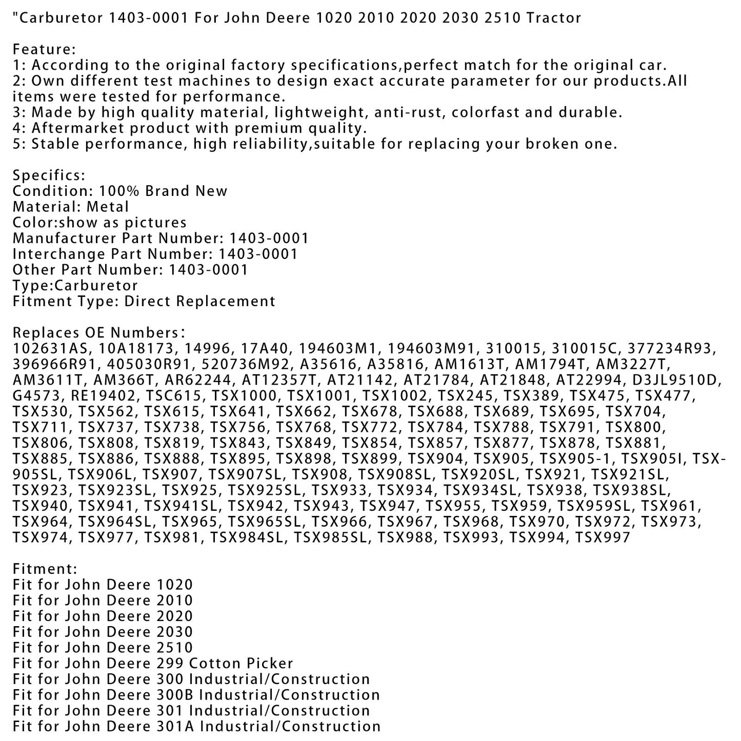 John Deere 450 Crawler Carburetor 1403-0001 102631AS 520736M92 TSX997