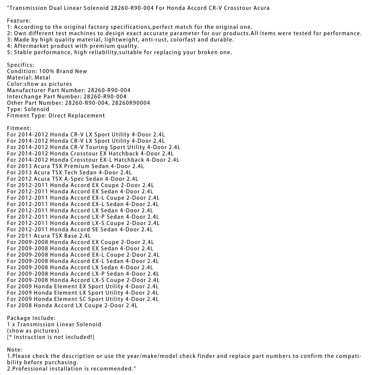 Transmission Dual Linear Solenoid Fit For Honda Accord CR-V Crosstour 28260-R90-004