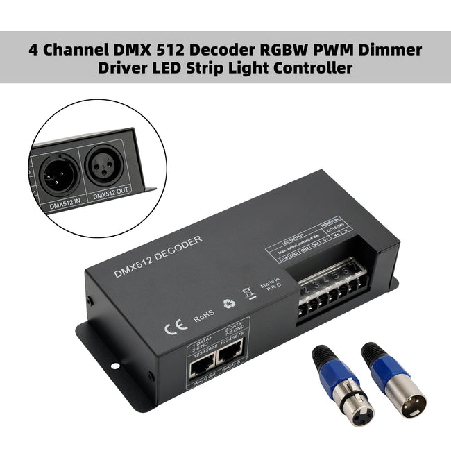 4 Channel DMX 512 Decoder RGBW PWM Dimmer Driver LED Strip Light Controller
