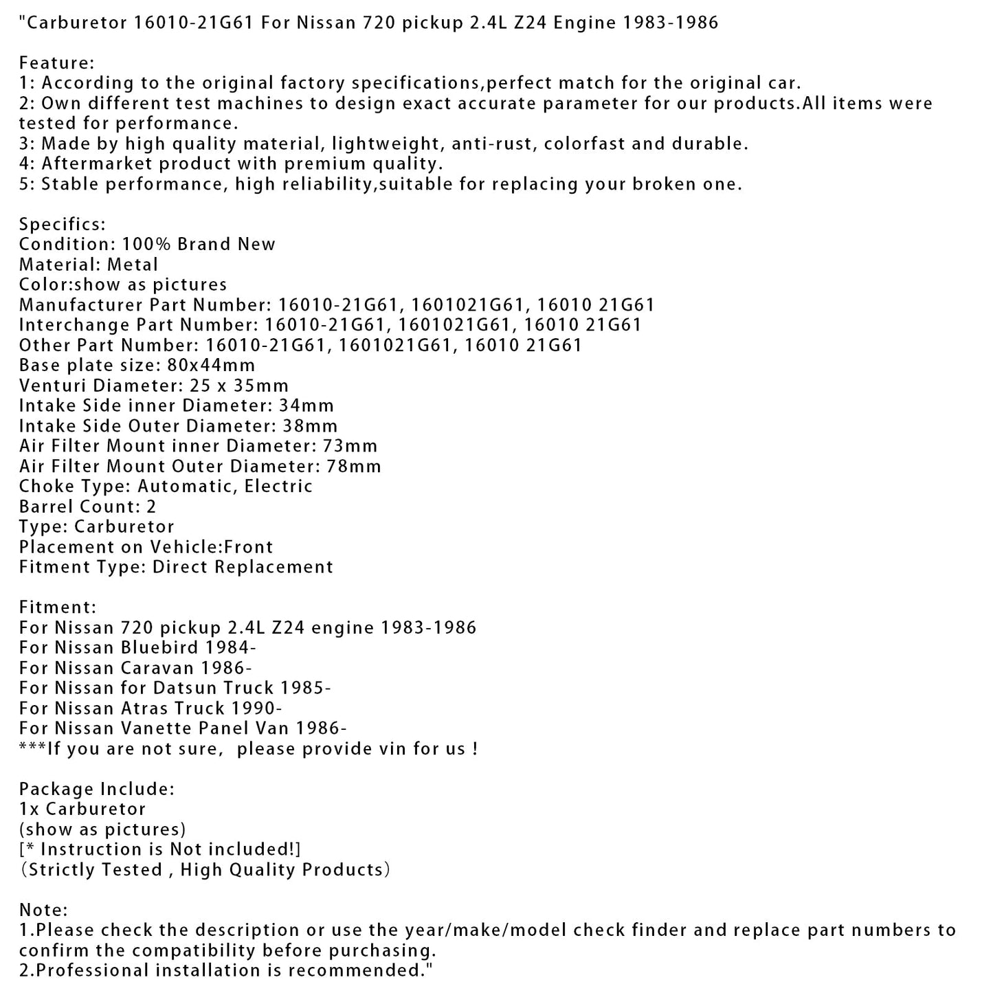 1984-on Nissan Bluebird Carburetor 16010-21G61