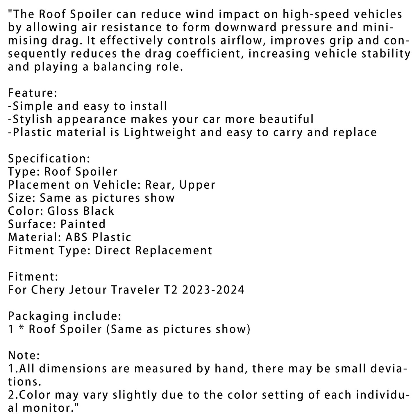 2023-2024 Chery Jetour Traveler T2 Gloss Black Rear Boot Spoiler Roof