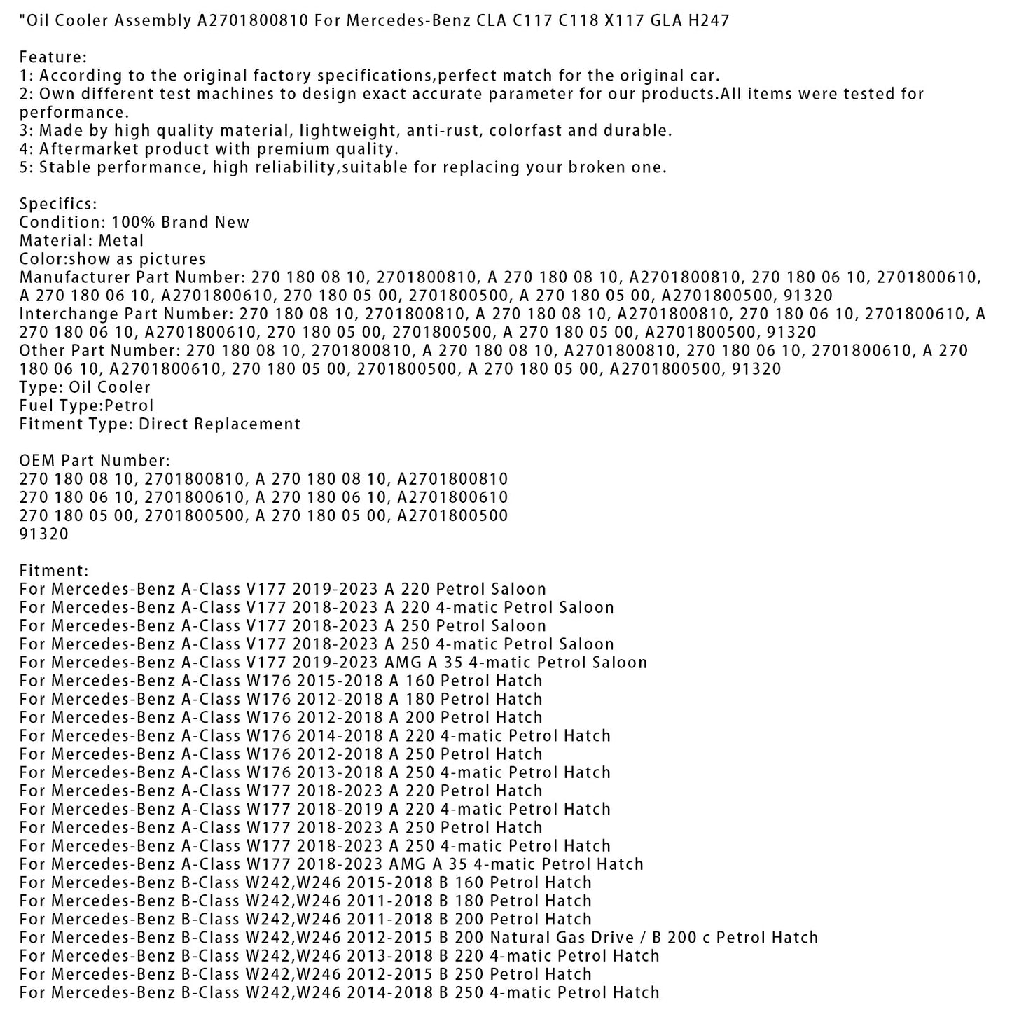 2019-2023 Mercedes-Benz B-Class W247 B 250 Petrol Hatch Oil Cooler Assembly A2701800810