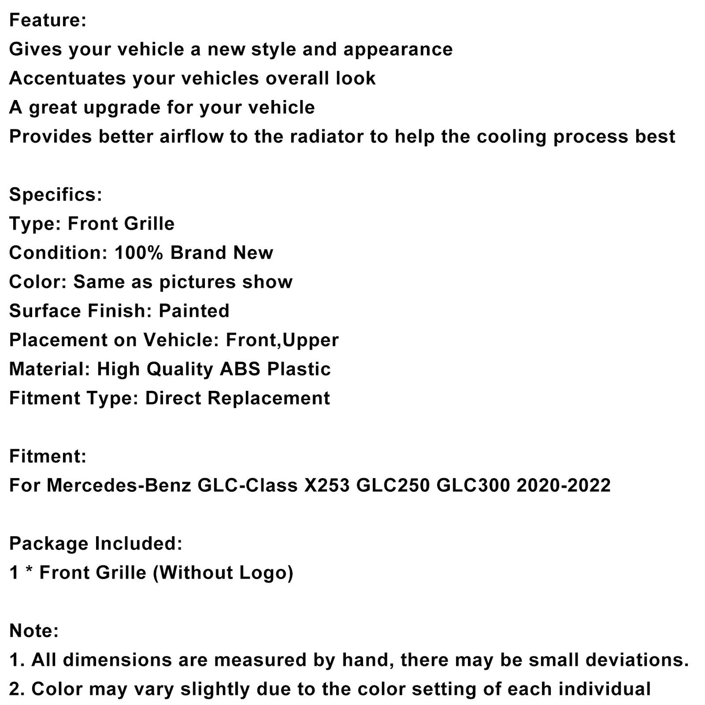 2020-2022 Mercedes-Benz X253 GLC250 GLC300 Diamond Front Bumper Grille