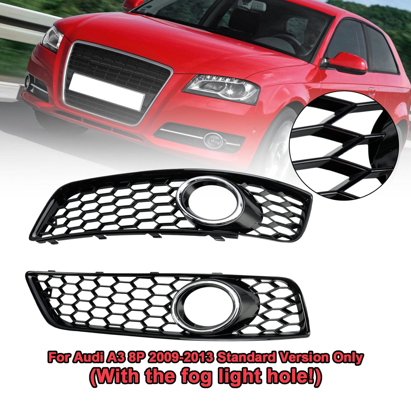 2009-2013 Audi A3 8P Honeycomb Bumper Front Fog Light Grille Grill Cover