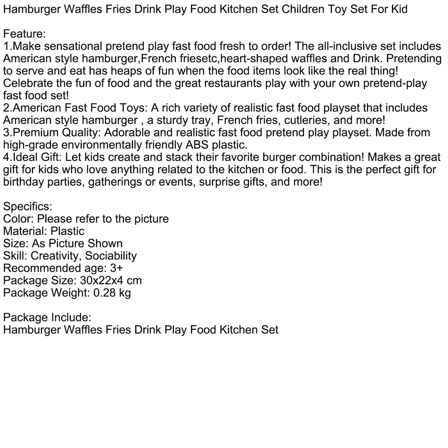 Hamburger Waffles Fries Drink Play Food Kitchen Set Children Toy Set For Kid