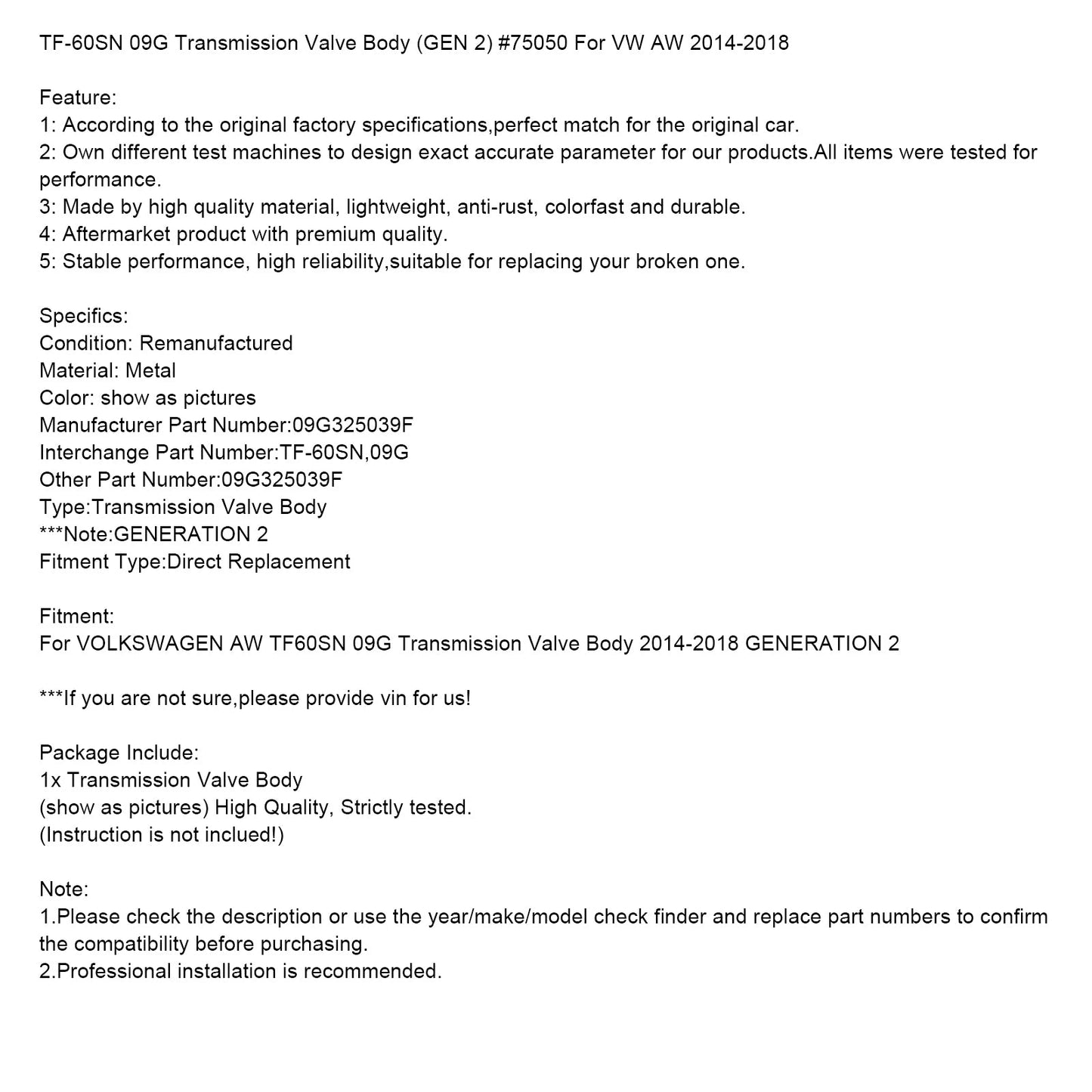 2014-2018 VOLKSWAGEN AW GENERATION 2 TF-60SN 09G Transmission Valve Body (GEN 2) #75050